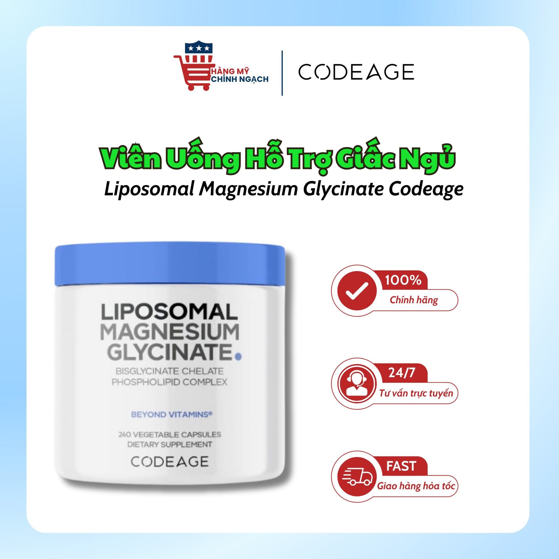 Viên uống Hỗ Trợ Giấc Ngủ Giảm Stress Codeage Liposomal Magnesium Glycinate - 240 Viên