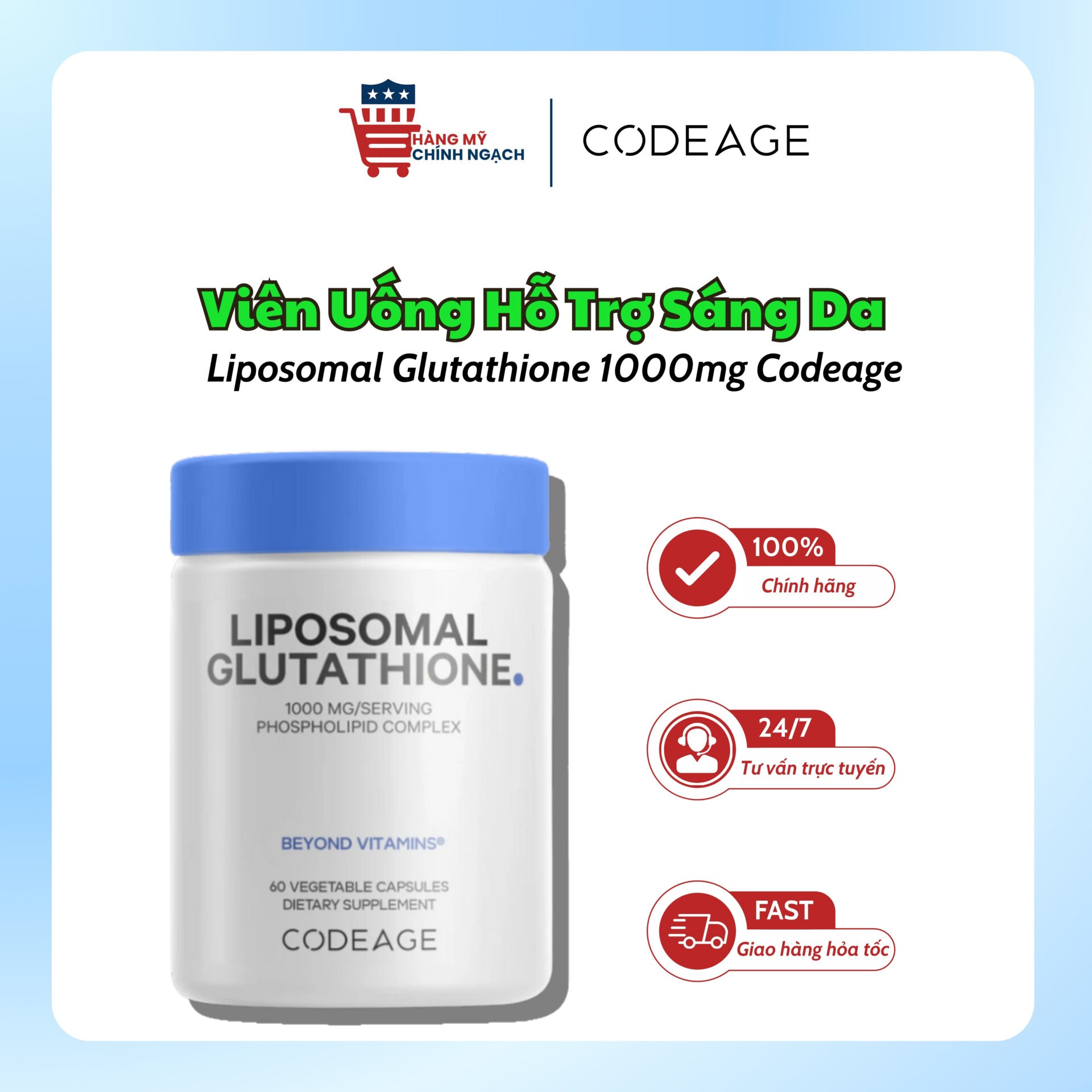 Viên Uống Hỗ Trợ Trắng Sáng Da Liposomal Glutathione 1000mg Codeage (60 Viên)