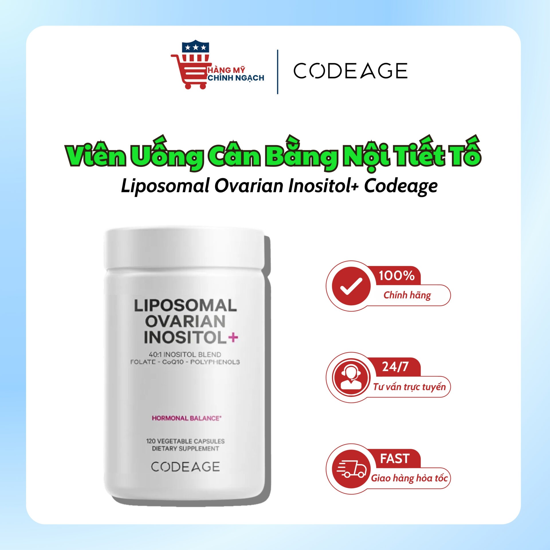 Viên Uống Cân Bằng Nội Tiết Tố Liposomal Ovarian Inositol+ Codeage (120 Viên)