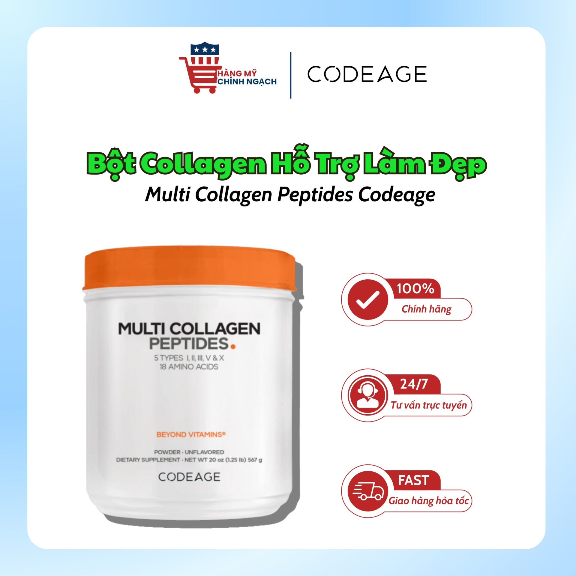Bột Collagen Thủy Phân Hỗ Trợ Làm Đẹp Toàn Diện Multi Collagen Peptides Codeage (567g)