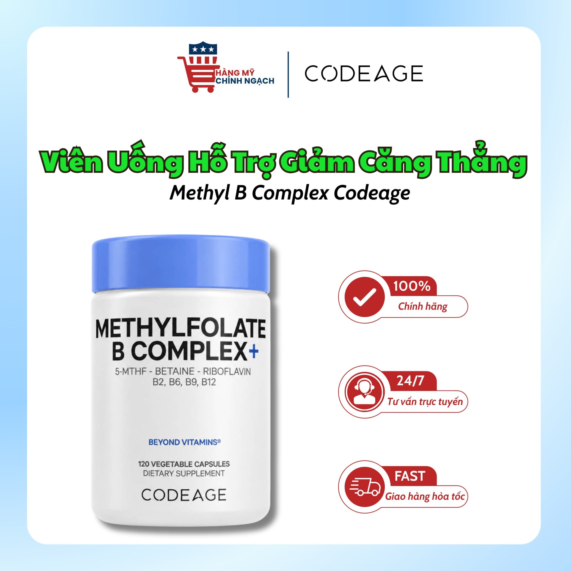 Viên Uống Hỗ Trợ Não Bộ Giảm Căng Thẳng Methyl B Complex Codeage (120 Viên)