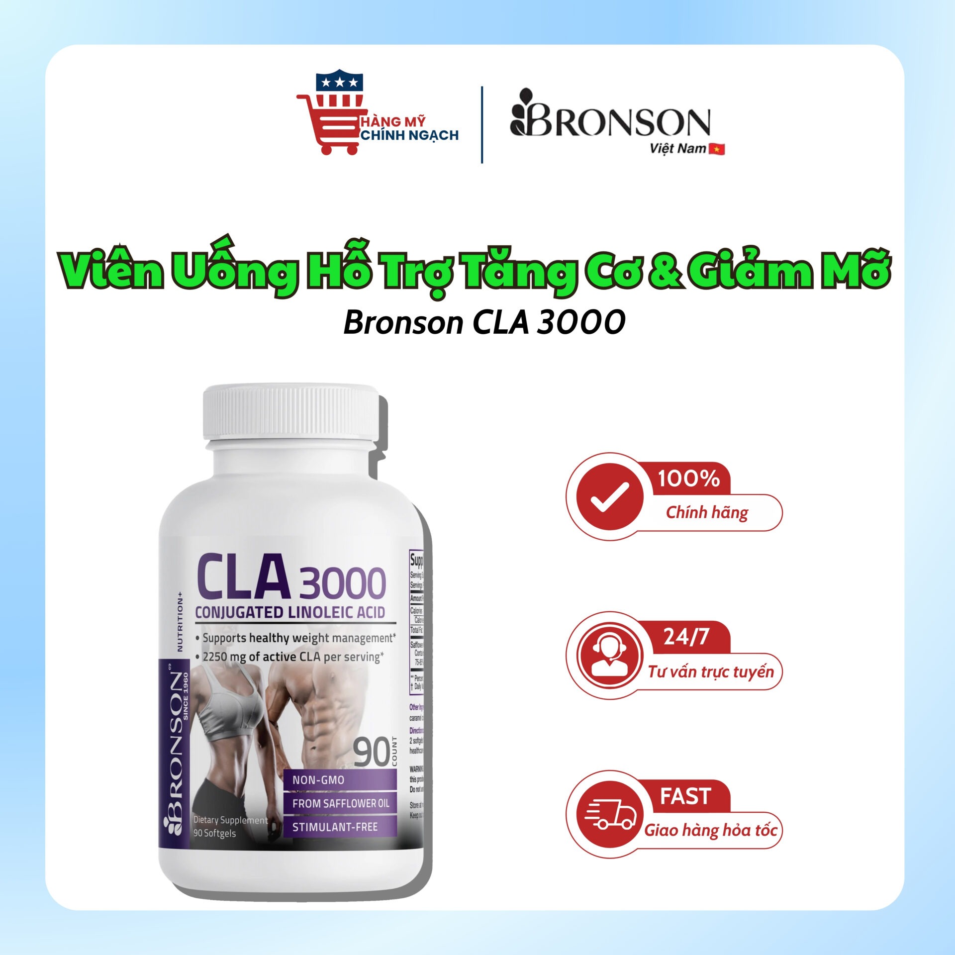 Viên Uống Hỗ Trợ Tăng Cơ & Giảm Mỡ Bronson CLA 3000 (90 Viên)