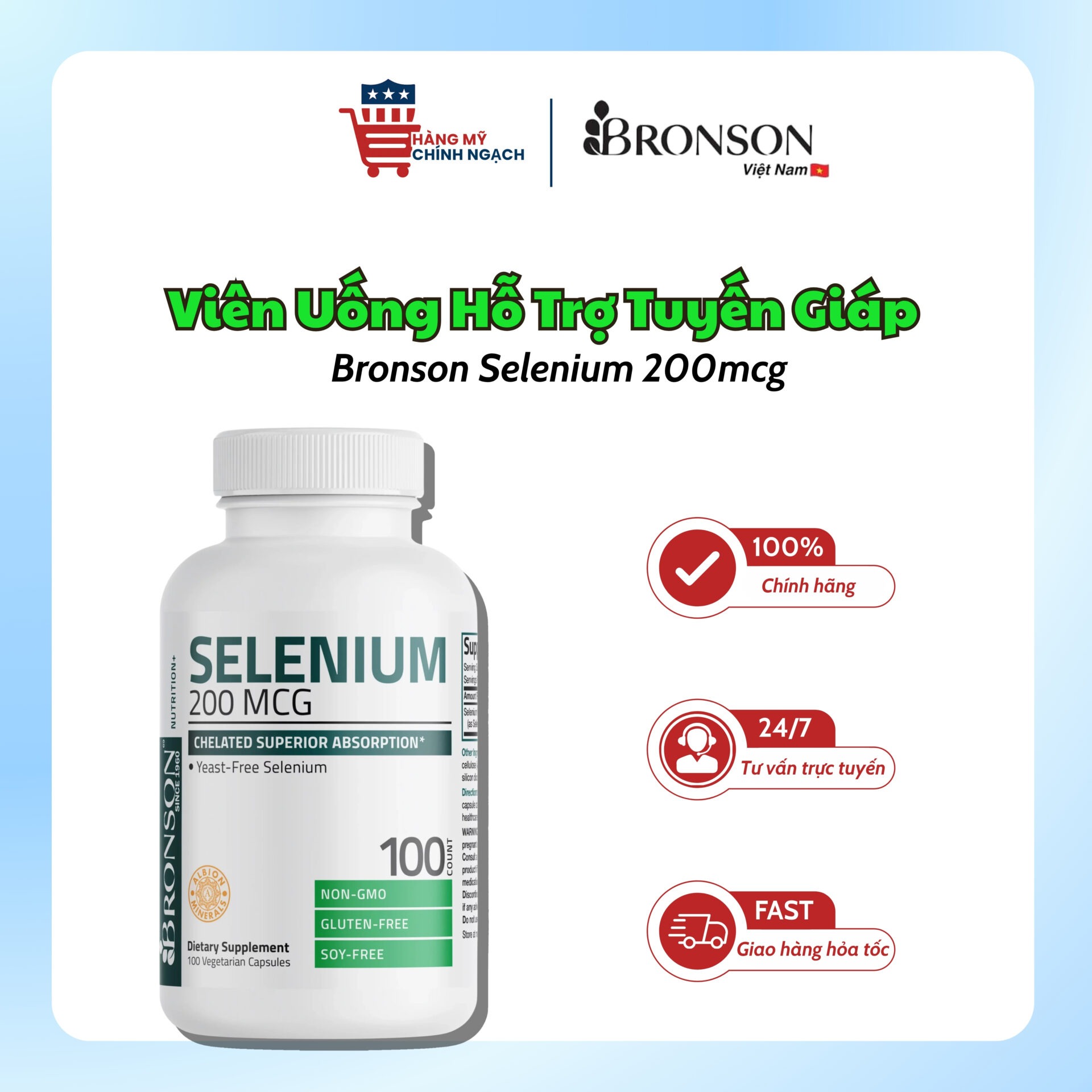 Viên Uống Hỗ Trợ Tuyến Giáp Bronson Selenium 200mcg (100 Viên)