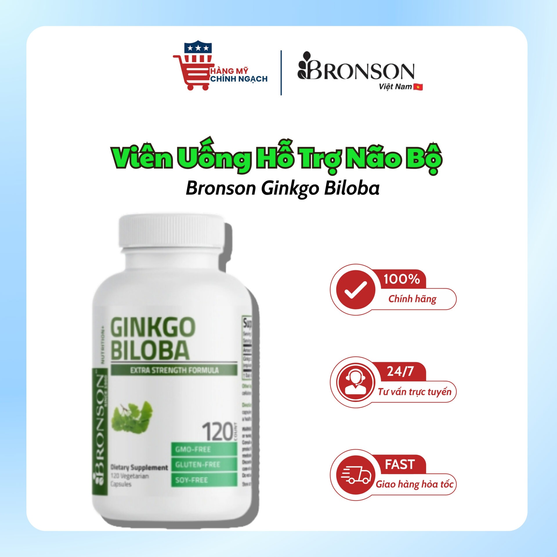 Viên Uống Thảo Dược Cải Thiện Chức Năng Não Bộ Bronson Ginkgo Biloba (120 Viên)