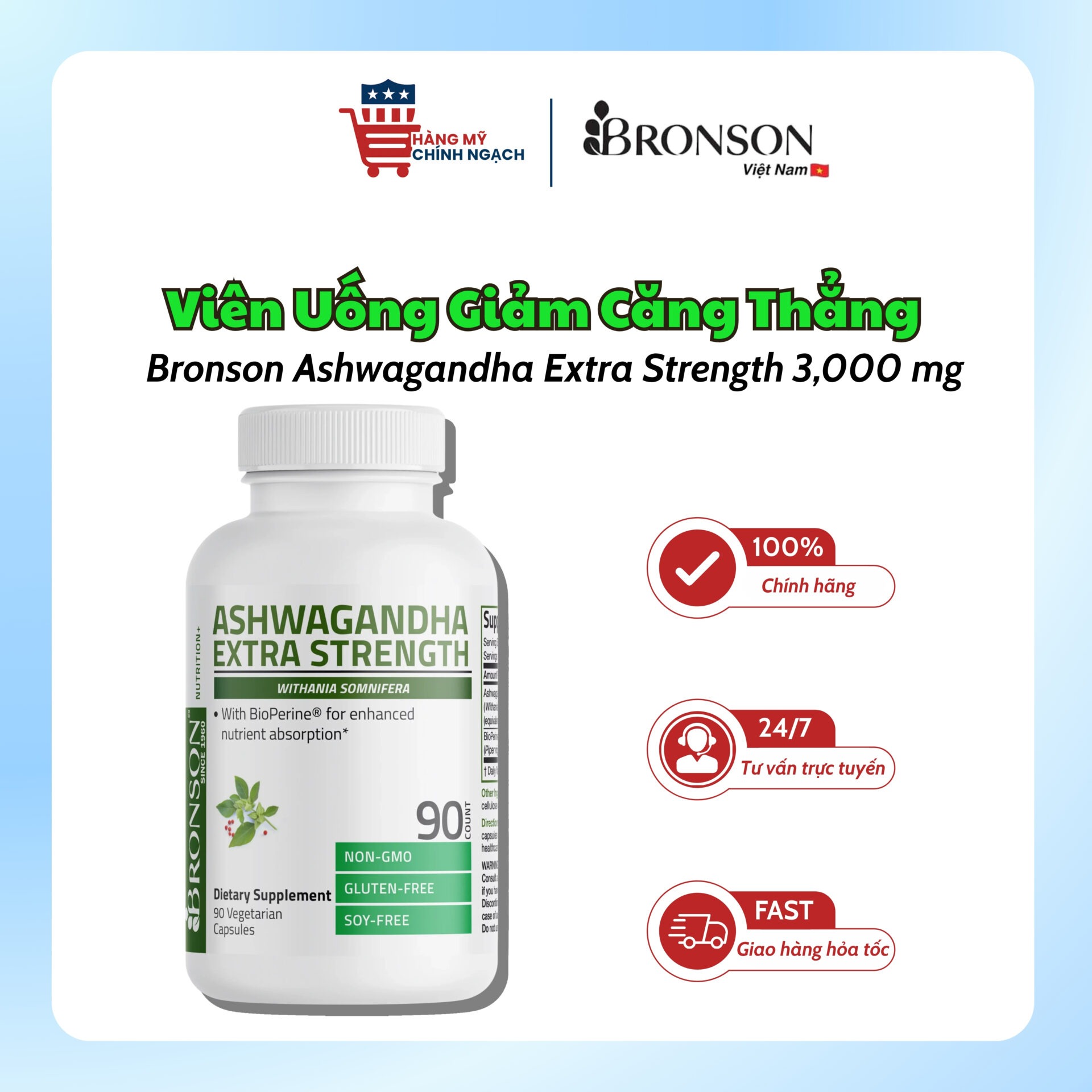 Viên Uống Nhân Sâm Ấn Độ Giảm Căng Thẳng Bronson Ashwagandha Extra Strength 3,000 mg (60 Viên)