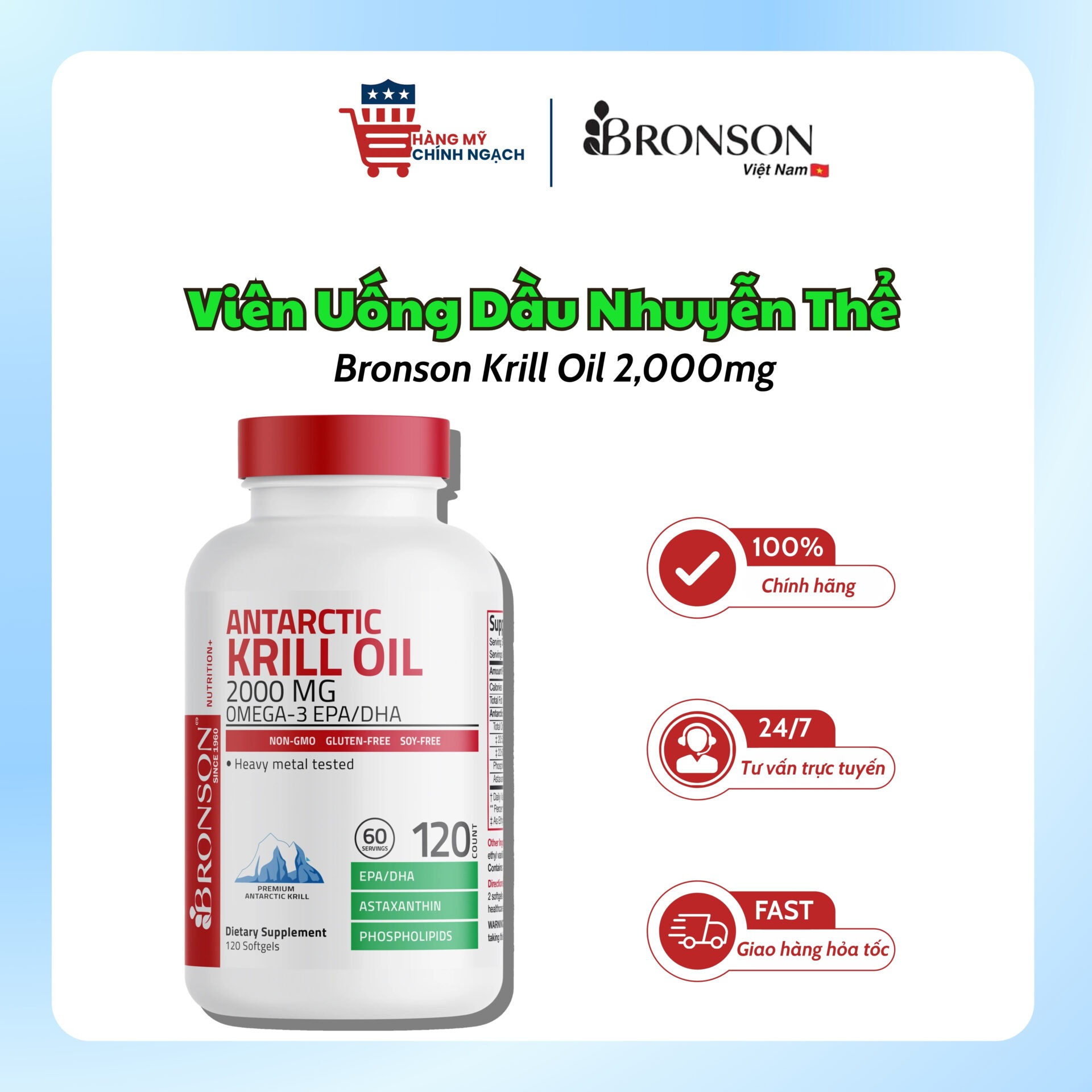 Viên Uống Dầu Nhuyễn Thể Bronson Krill Oil 2,000mg (120 Viên)