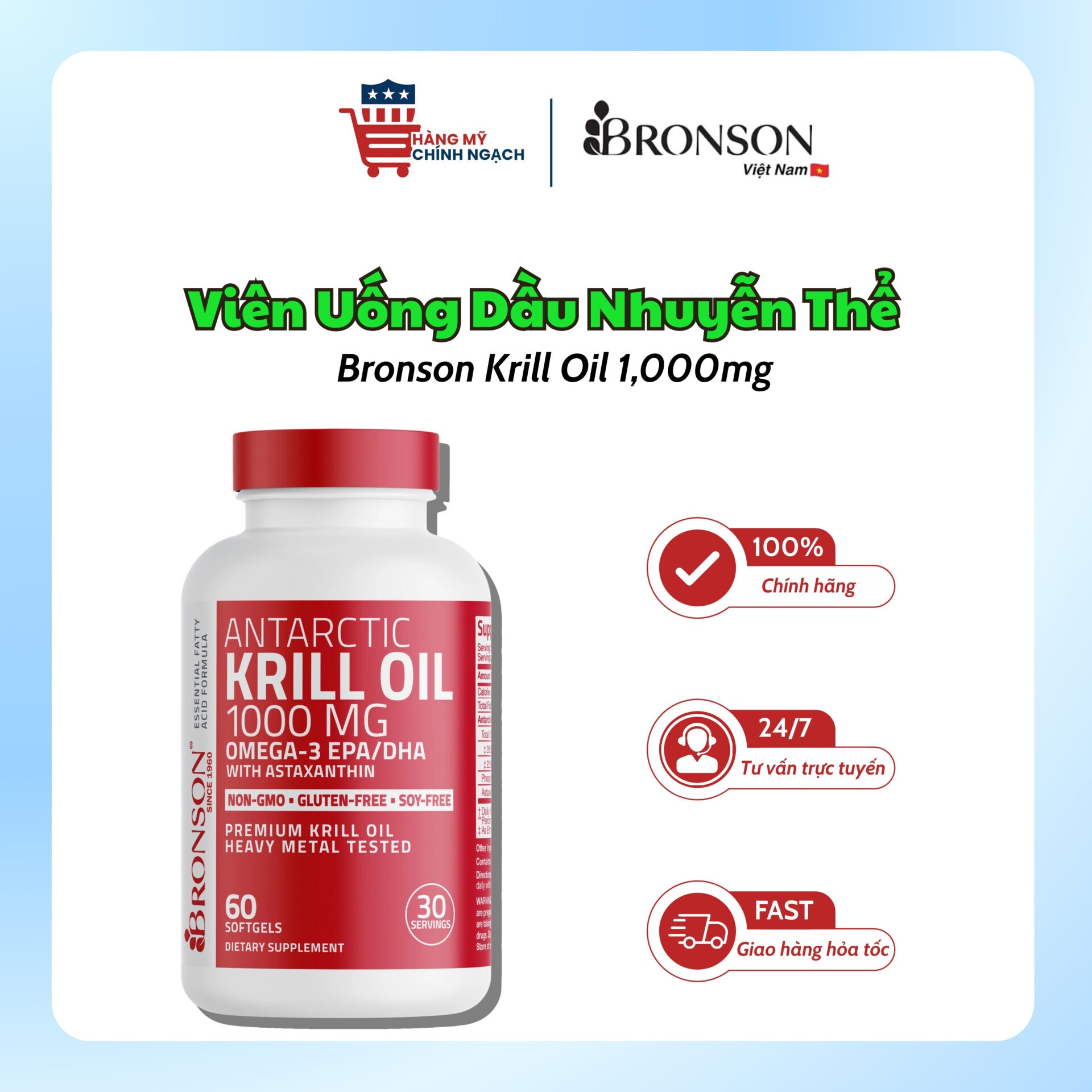 Viên Uống Dầu Nhuyễn Thể Bronson Antarctic Krill Oil 1,000mg (60 Viên)