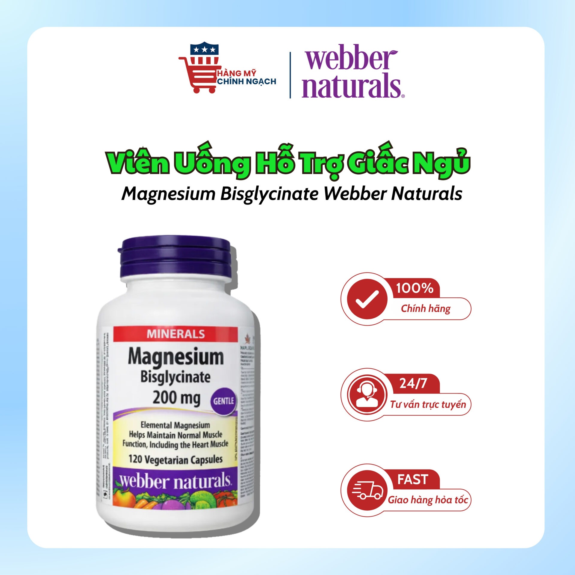 Viên Uống Magnesium Bisglycinate 200mg Webber Naturals (Hộp 120 Viên)