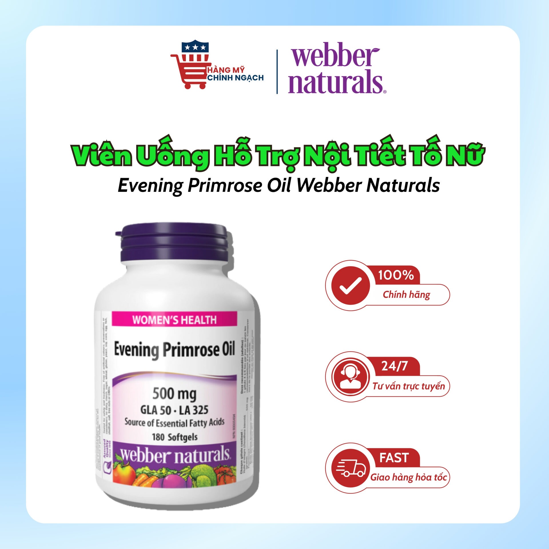 Viên Uống Tinh Dầu Hoa Anh Thảo Webber Naturals 500mg Canada (Hộp 180 Viên)