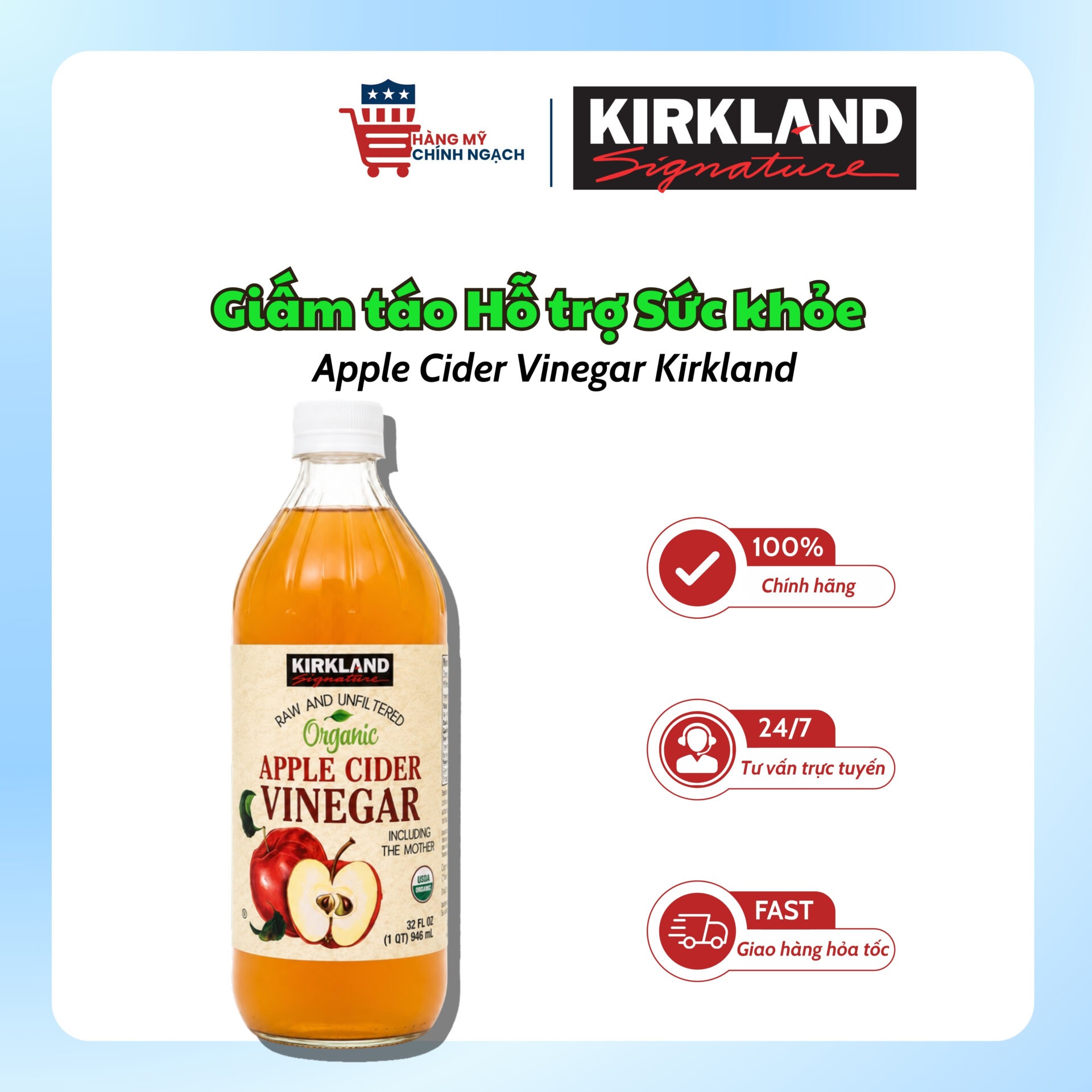 Giấm Táo Hữu Cơ Kirkland Apple Cider Vinegar – Hỗ Trợ Giảm Cân, Thanh Lọc & Cân Bằng Vóc Dáng Tự Nhiên (946ml)