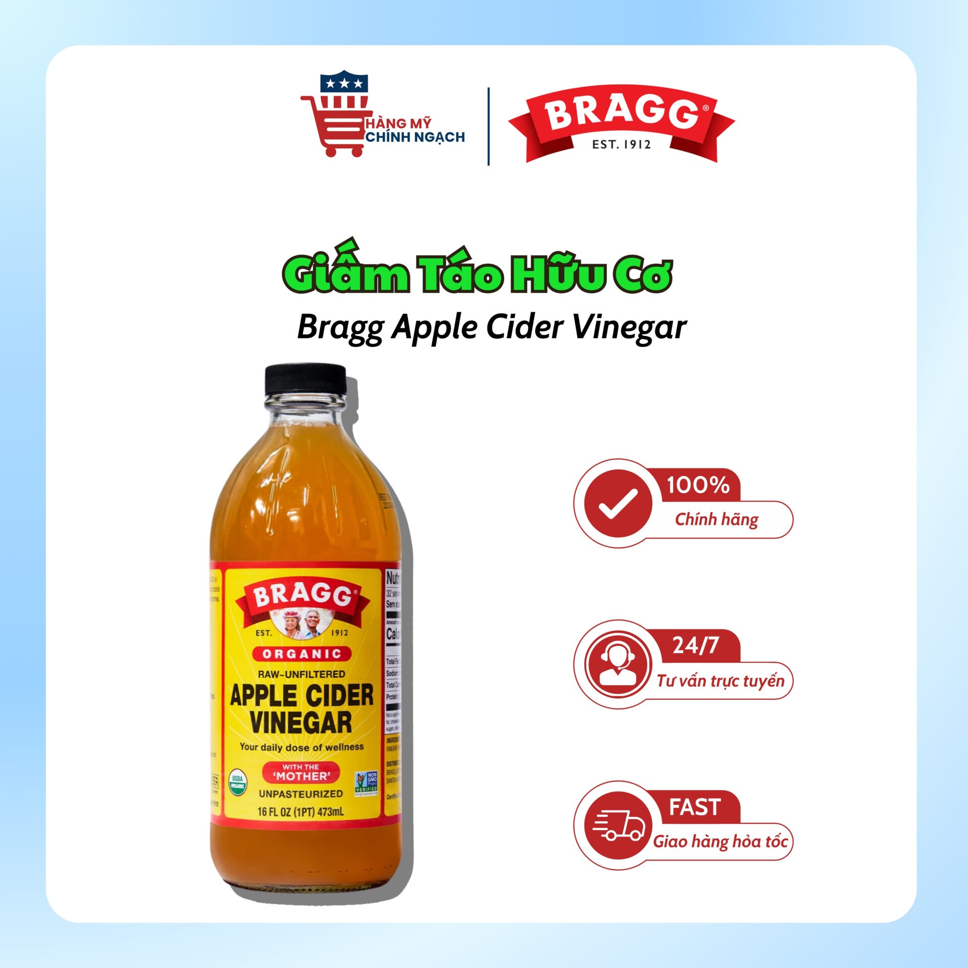 Giấm Táo Hữu Cơ Hỗ Trợ Cân Nặng, Thanh Lọc & Tăng Cường Sức Khỏe Tự Nhiên Bragg Apple Cider Vinegar (473ml & 946ml)