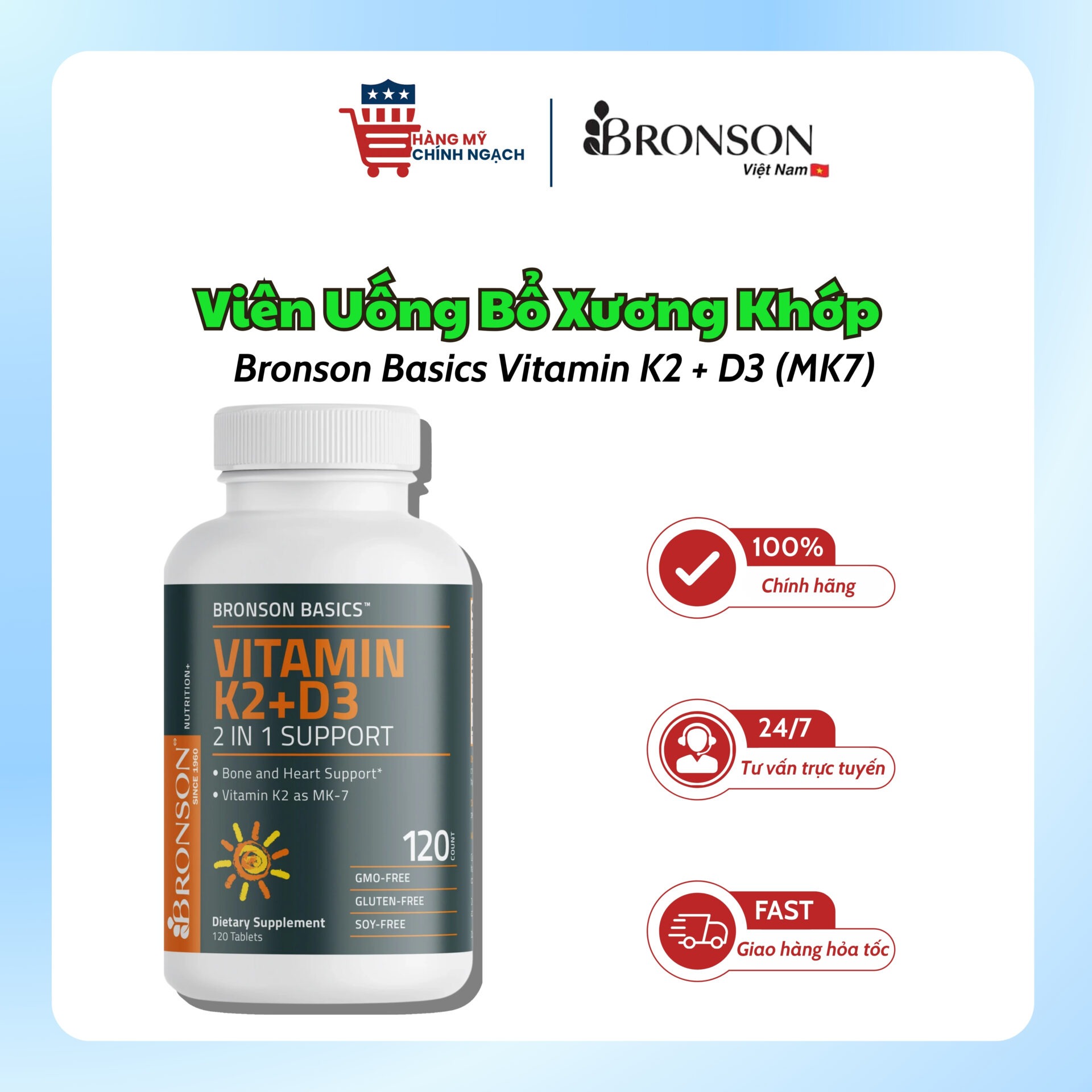 Viên Uống Bổ Xương Khớp Bronson Basics Vitamin K2 + D3 (MK7) (120 Viên)