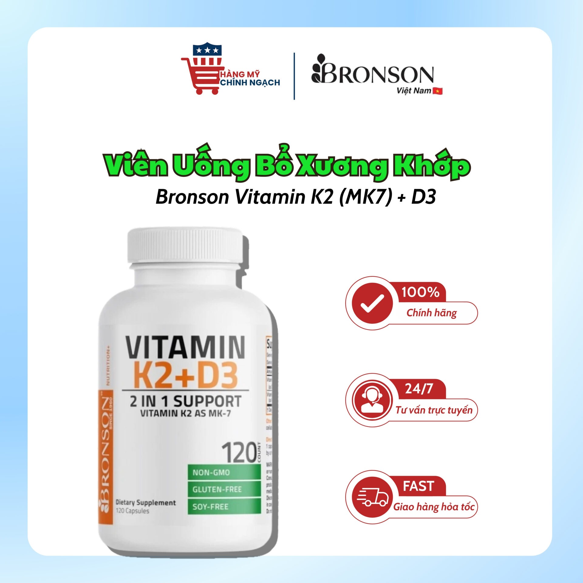 Viên Uống Tăng Cường Cơ và Khớp Xương Bronson Vitamin K2 (MK7) + D3 (120 Viên)