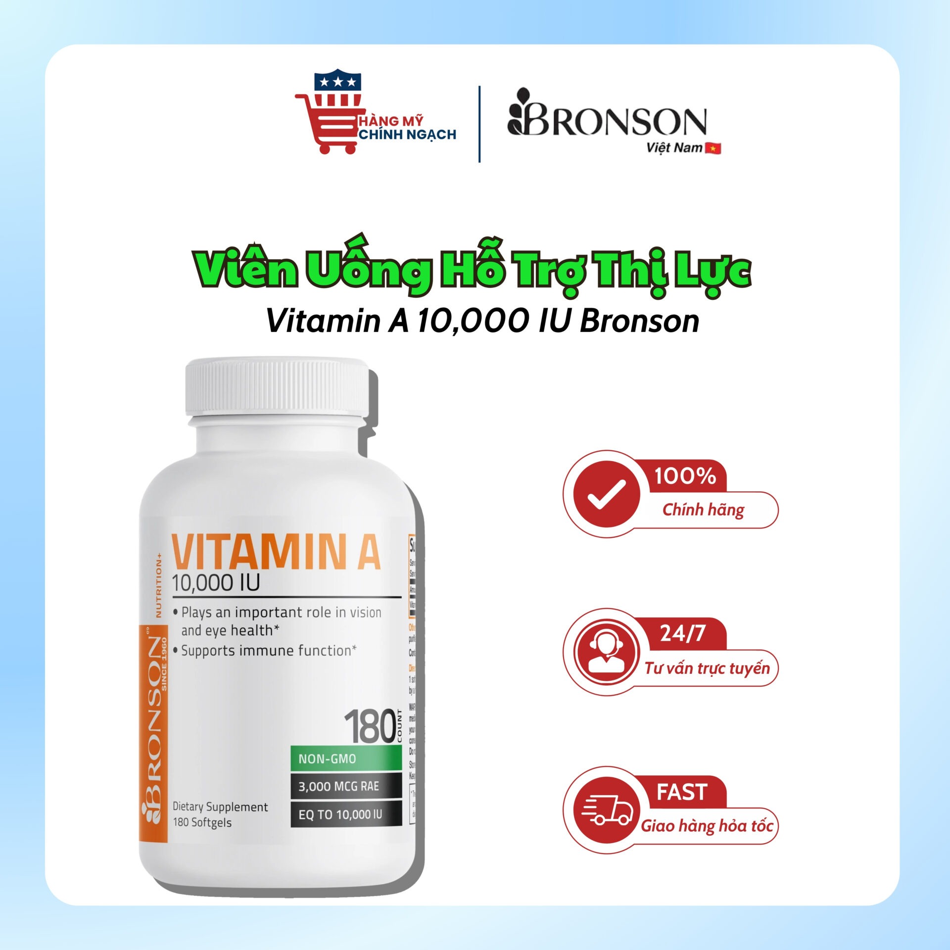 Viên Uống Hỗ Trợ Thị Lực & Niêm Mạc Khỏe MạnhVitamin A 10,000 IU Bronson (250 Viên)