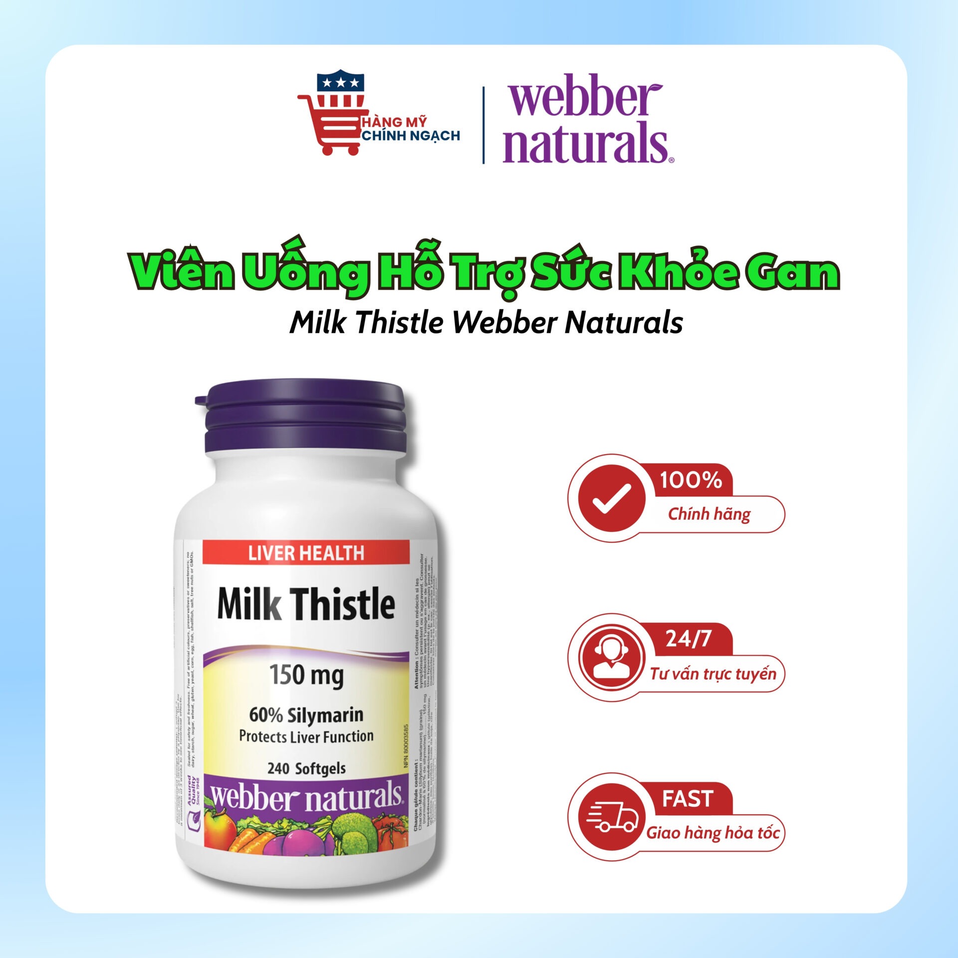 Viên Uống Bổ Gan Webber Naturals Milk Thistle 150mg Canada (Hộp 240 Viên)