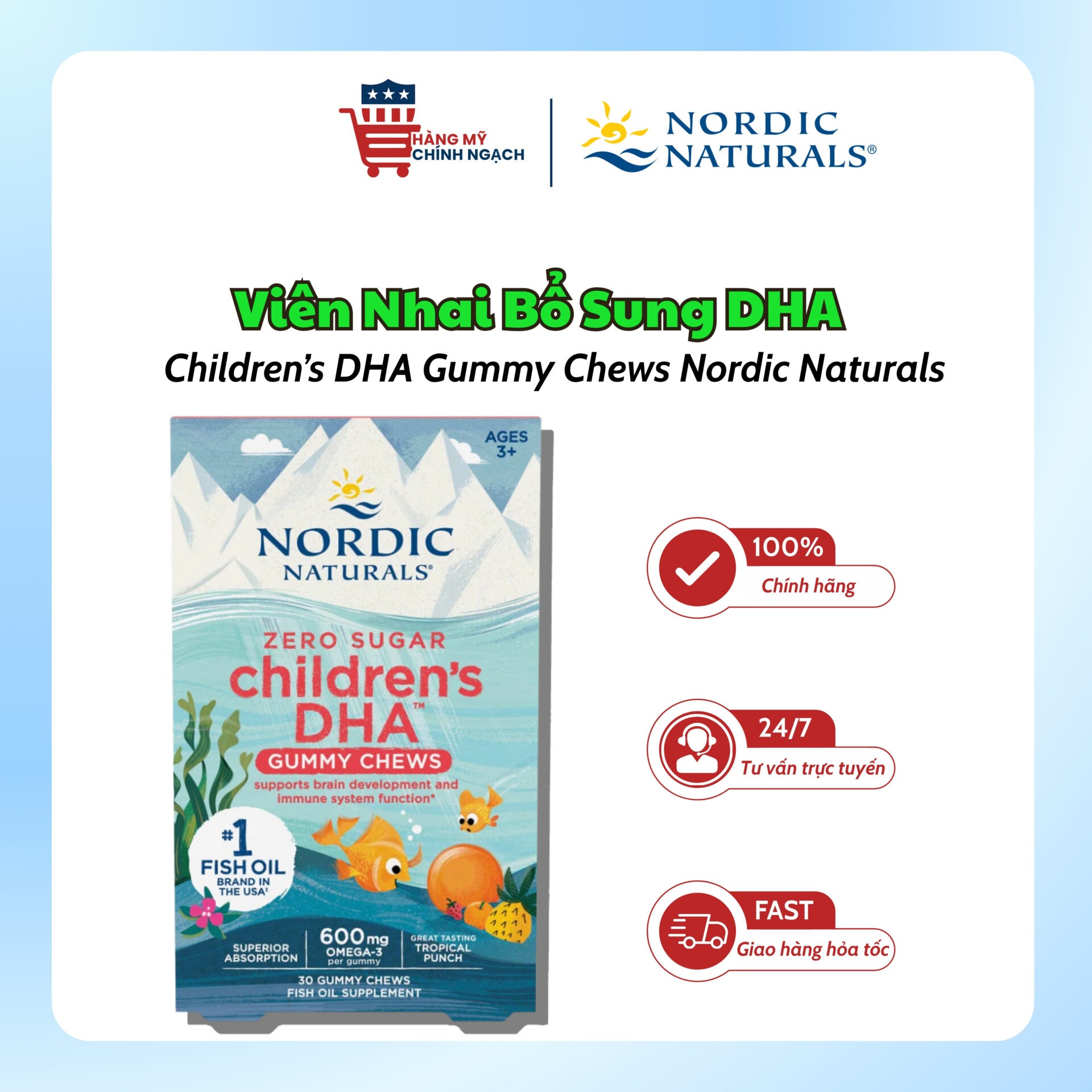 Viên Nhai Bổ Sung Omega-3 Không Đường Children's DHA Zero Sugar 600mg Nordic Naturals (30 Viên)