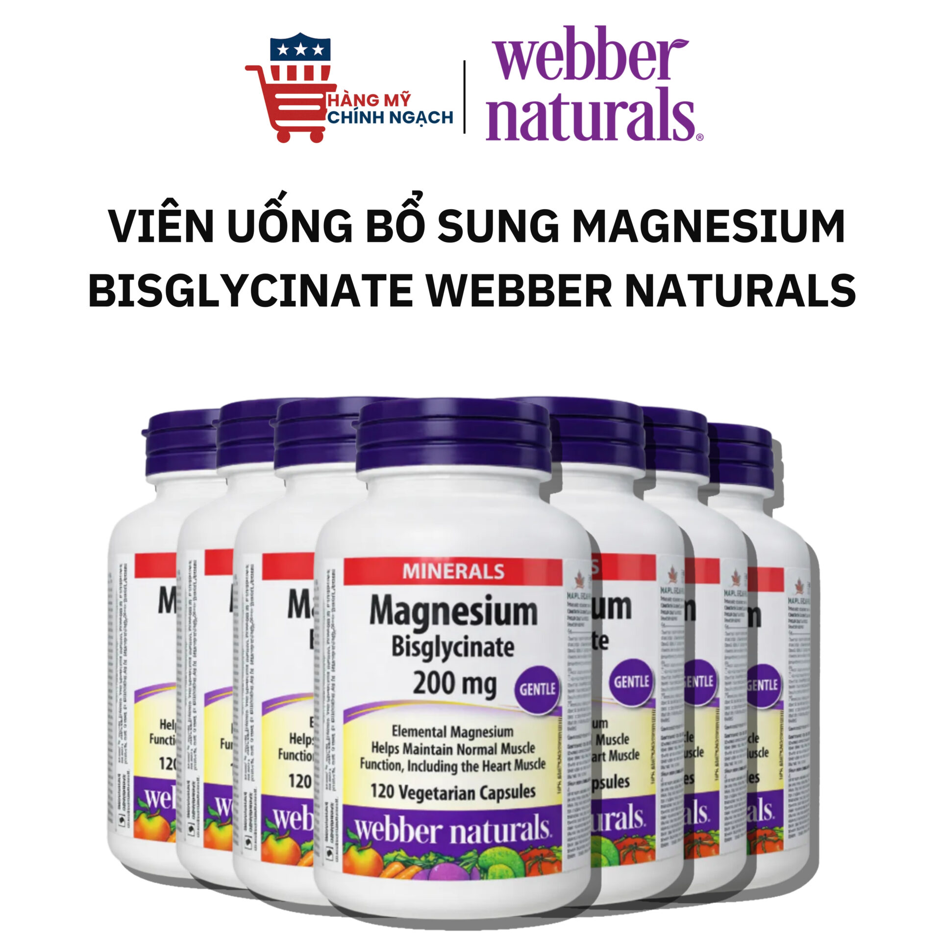 Viên Uống Bổ Sung Magnesium Bisglycinate 200mg Webber Naturals Hỗ Trợ Giấc Ngủ và Cơ Bắp - 120 Viên