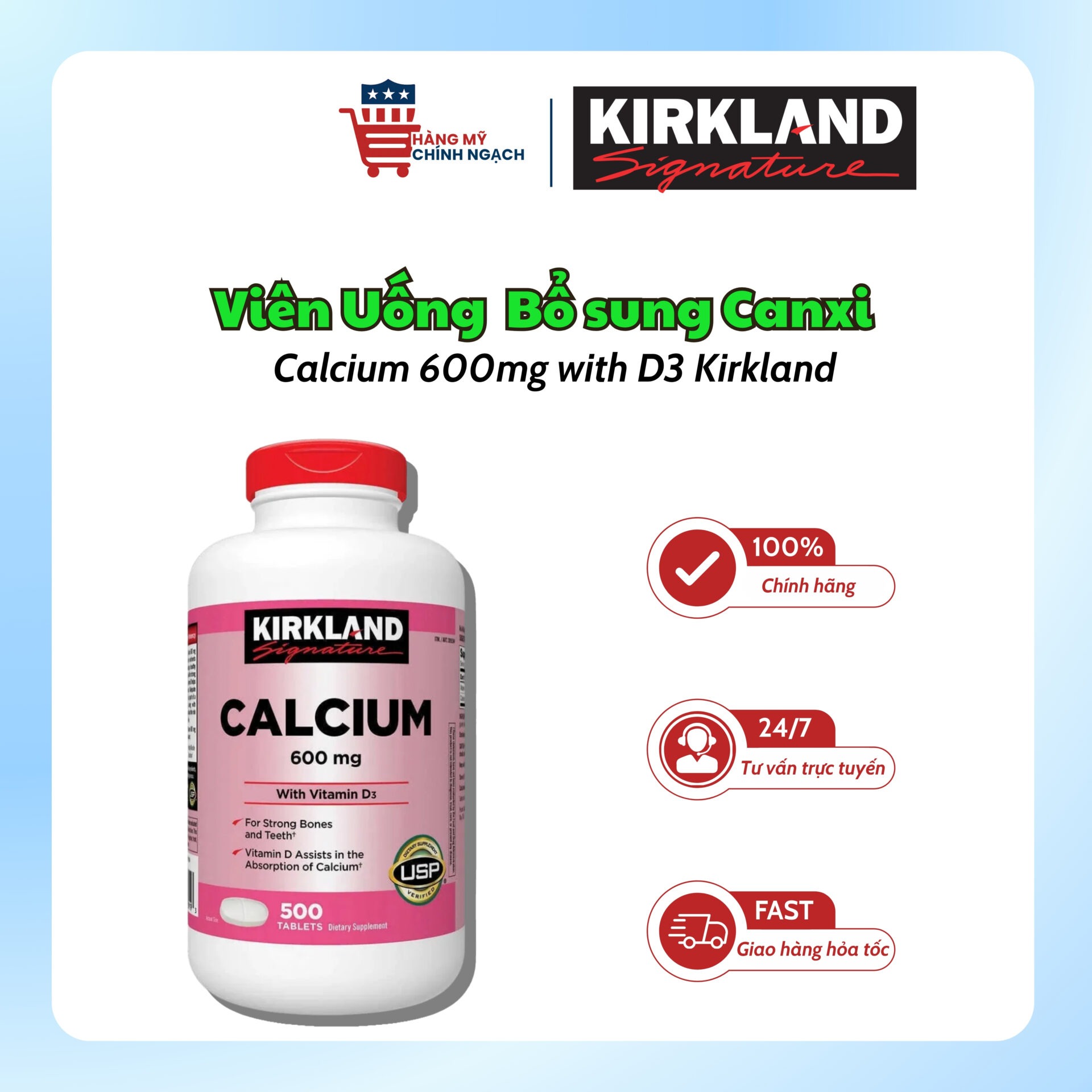 Viên Uống Bổ Sung Canxi 600mg With Vitamin D3 Kirkland Signature (500 Viên)