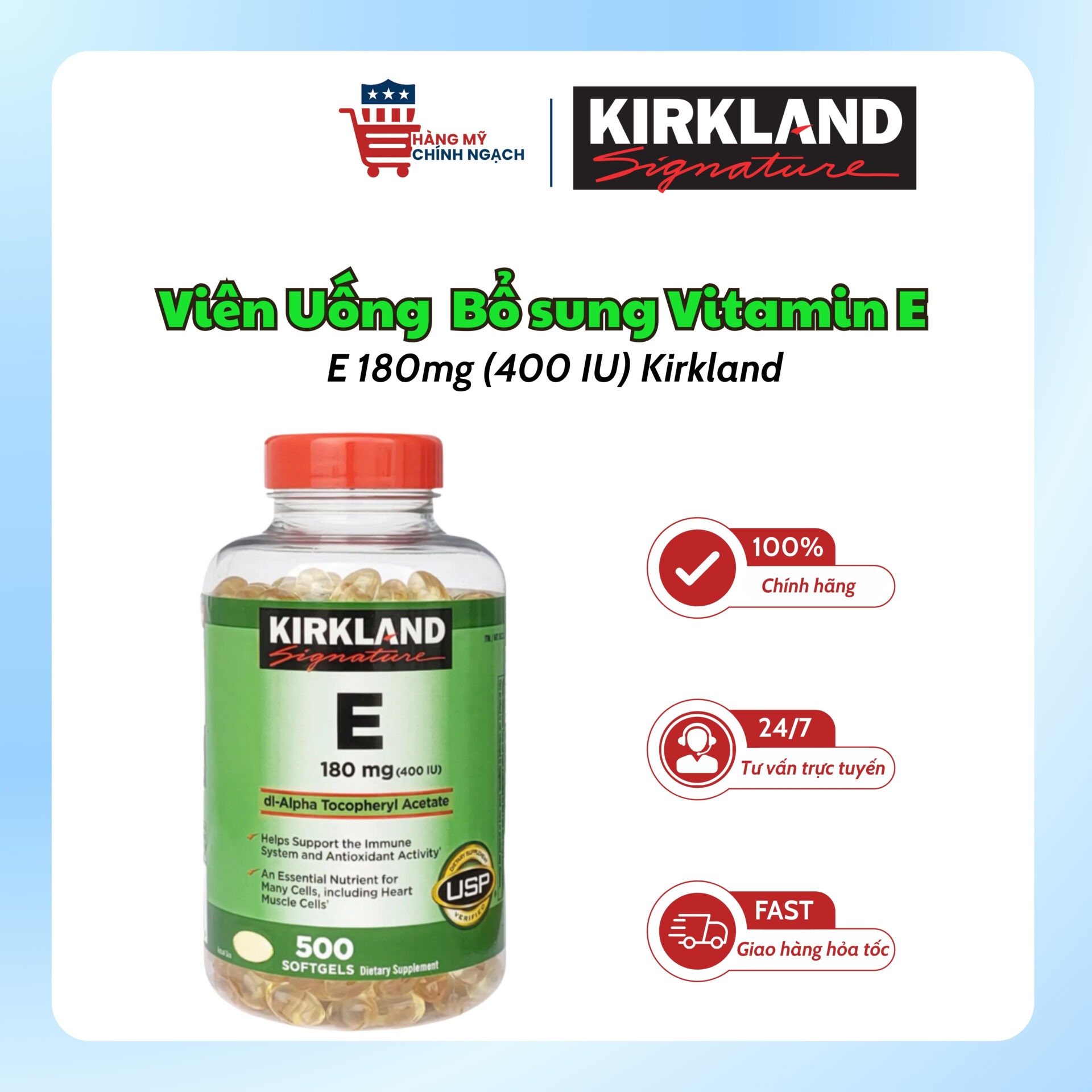 Viên Uống Bổ Sung Vitamin E 400 IU Kirkland Signature (500 Viên)