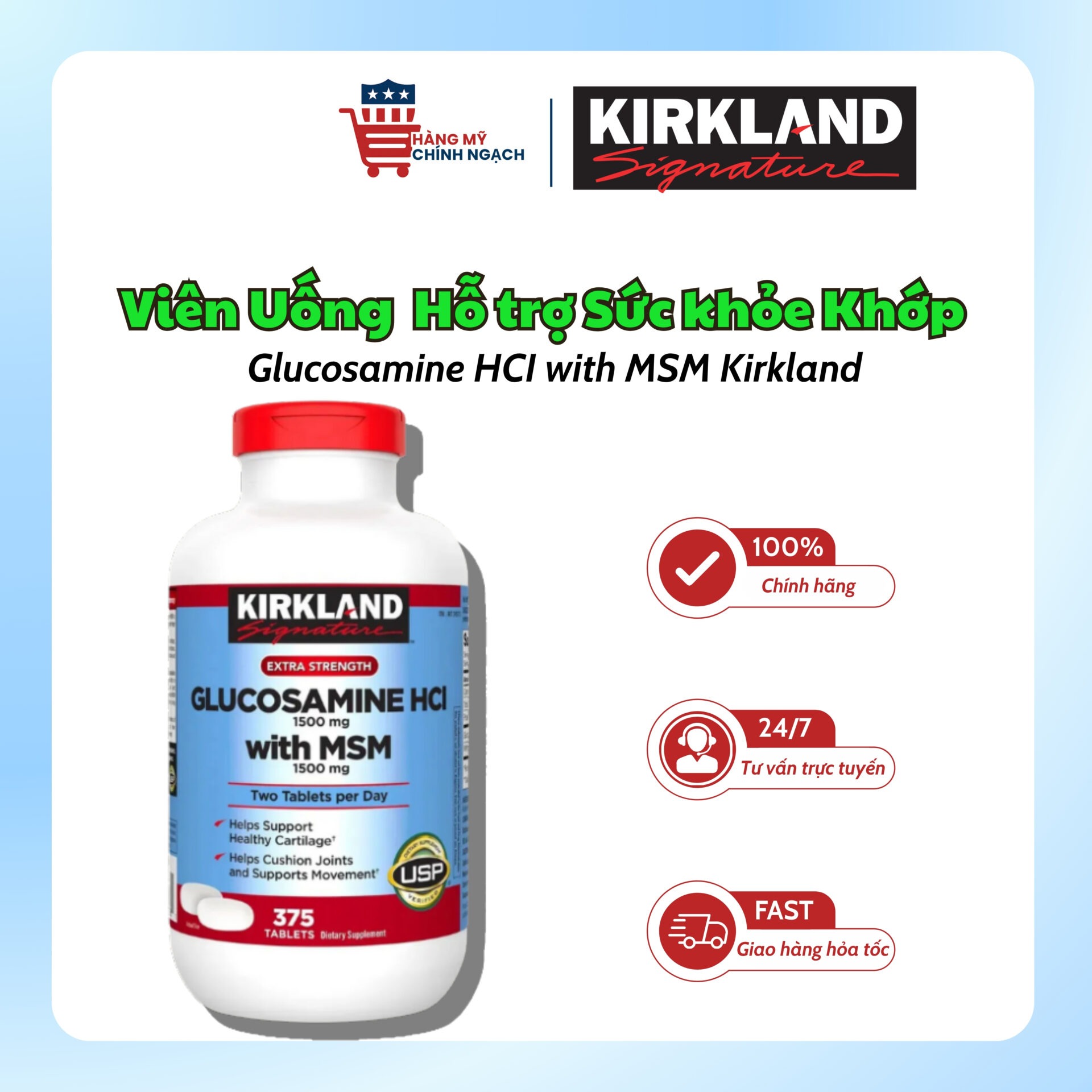 Viên Uống Bổ Sụn Khớp Kirkland Signature Glucosamine HCl 1500mg With MSM (375 Viên)