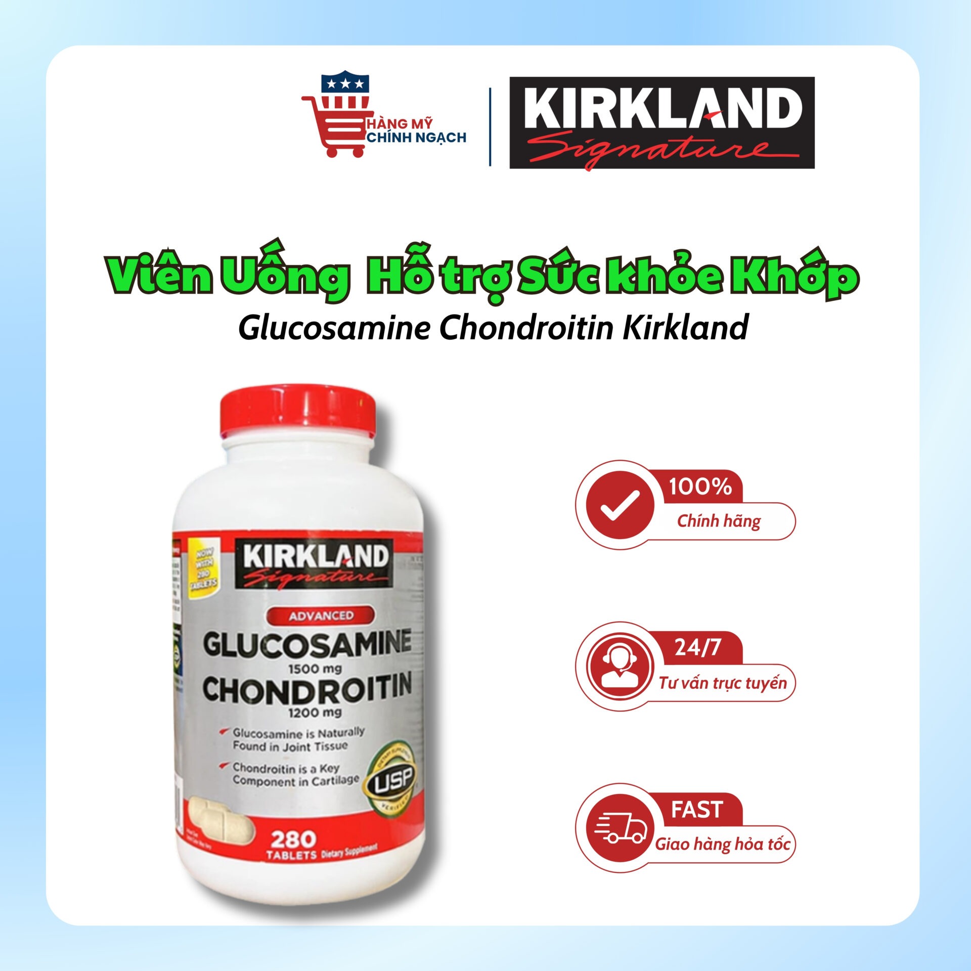Viên Uống Bổ Xương Khớp Kirkland Glucosamine 1500mg & Chondroitin 1200mg (280 Viên)