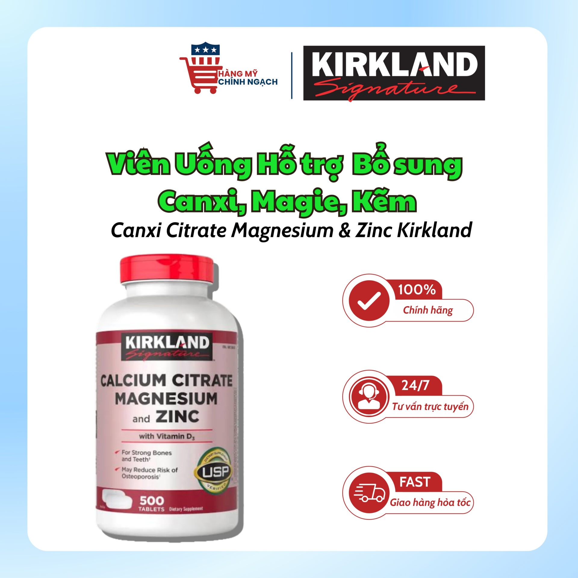 Viên Uống Bổ Sung Canxi Citrate Magnesium & Zinc Kirkland Signature (500 Viên)