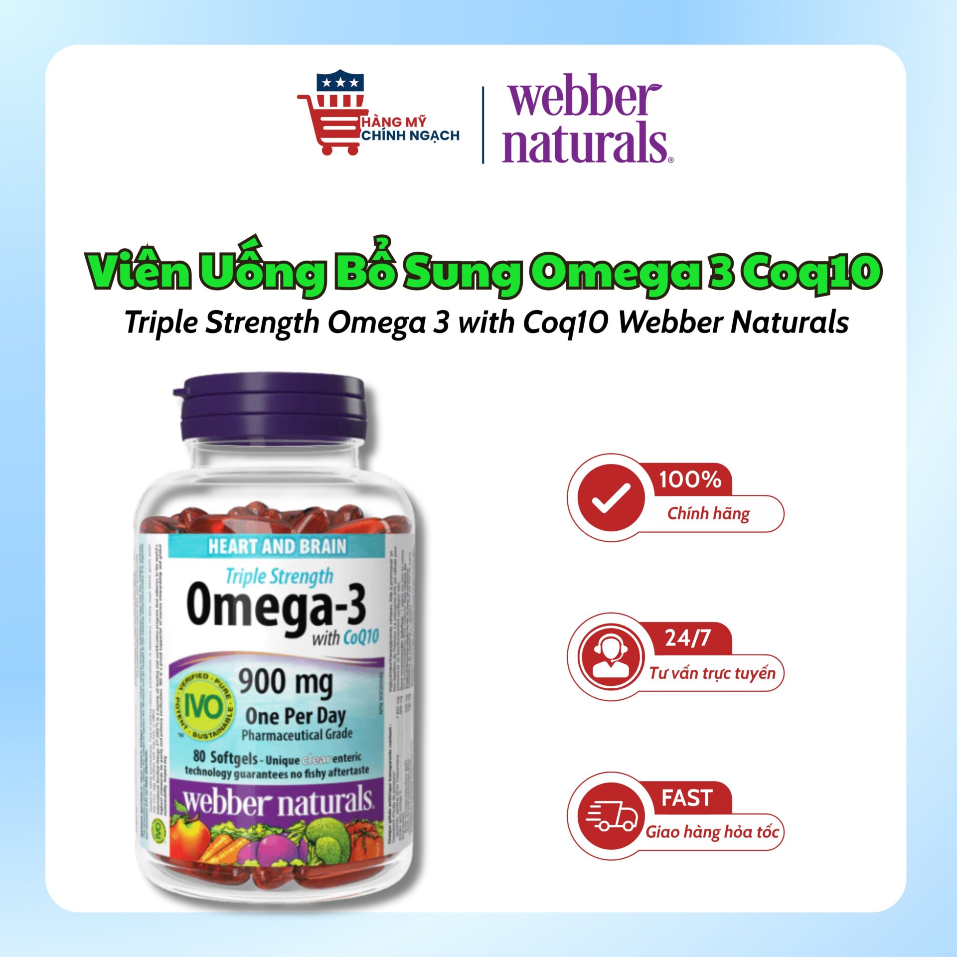 Viên Uống Omega-3 Triple Strength với CoQ10 Webber Naturals 900mg (80 Viên)