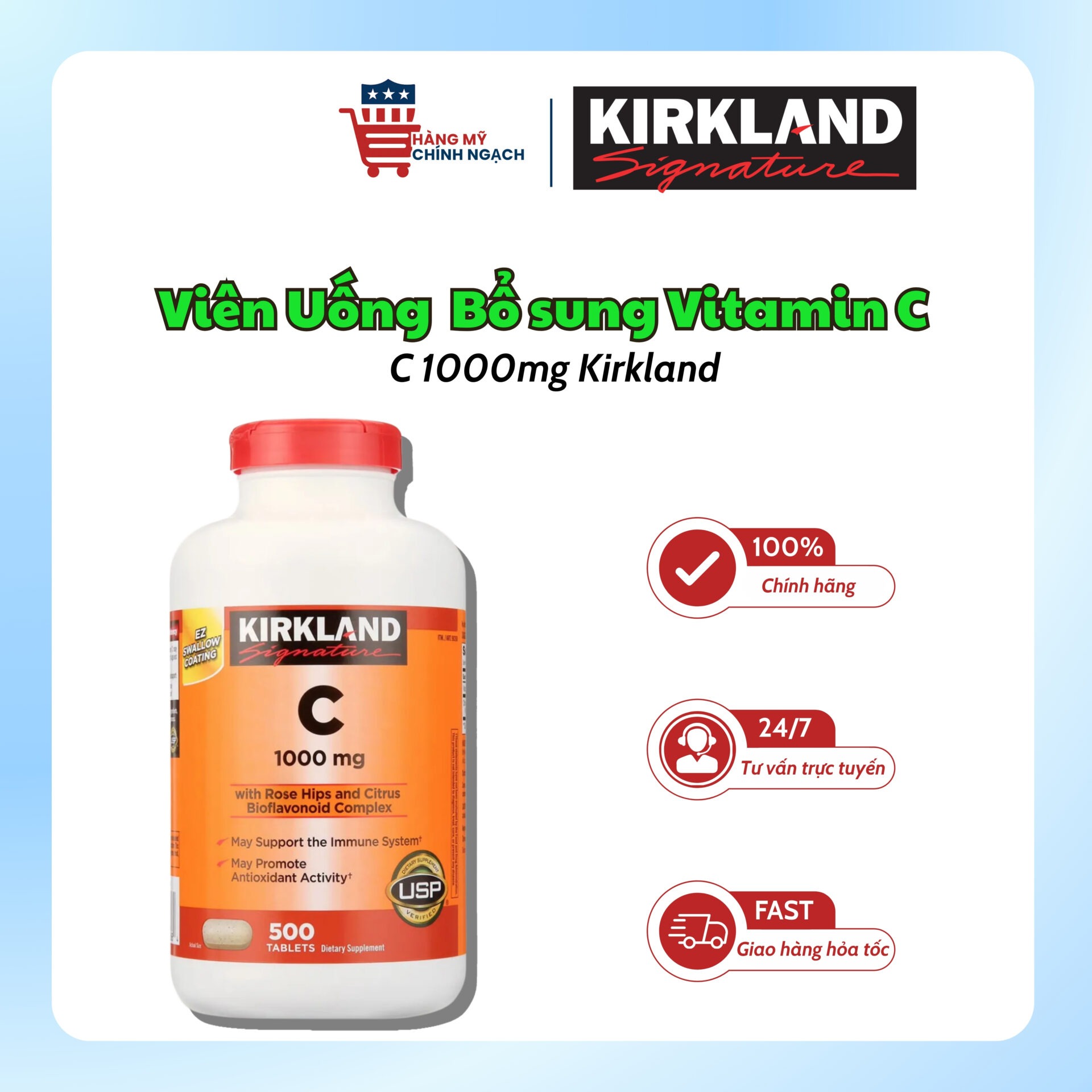 Viên Uống Bổ Sung Vitamin C 1000mg Kirkland (500 Viên)