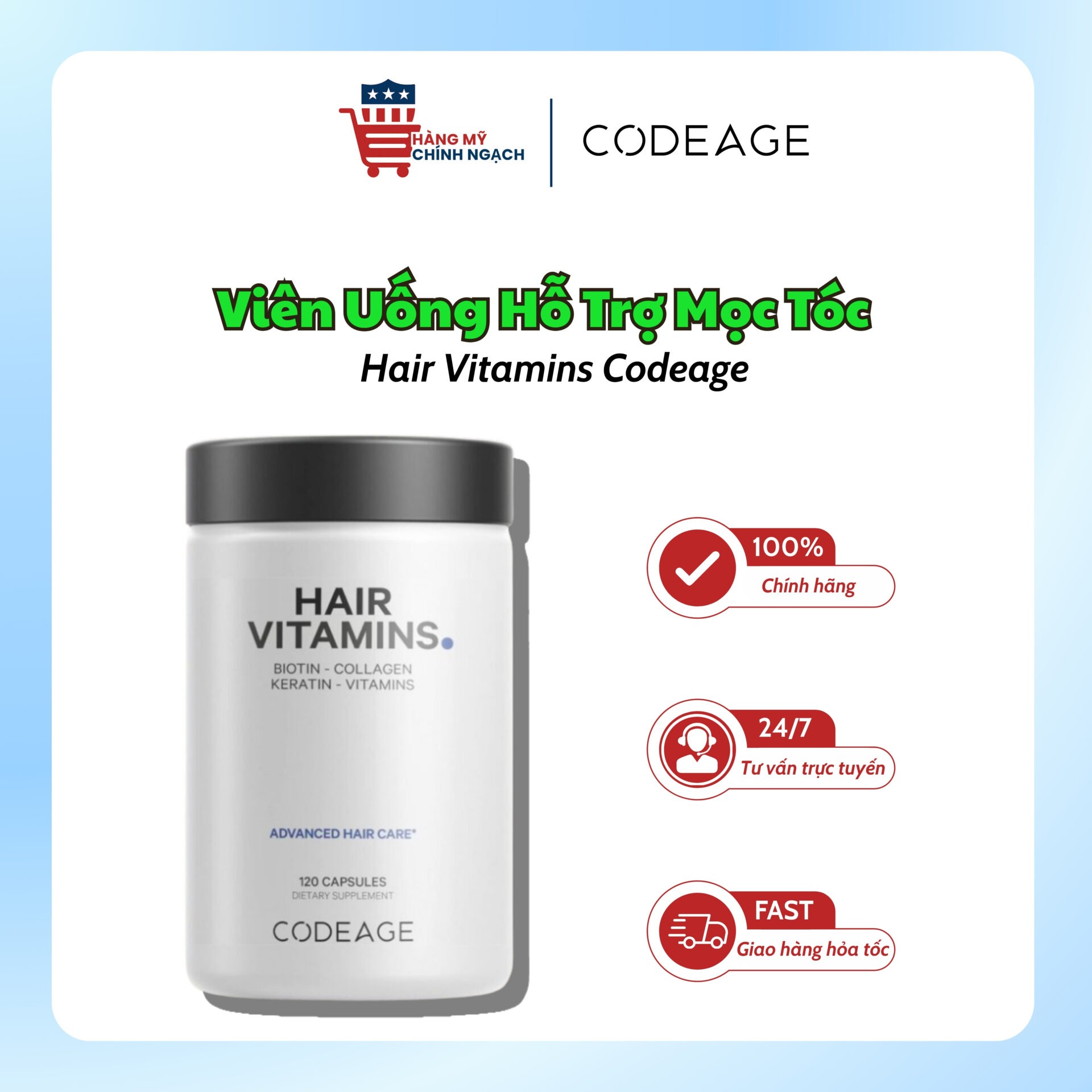 Viên Uống Hỗ Trợ Mọc Tóc Codeage Hair Vitamins Biotin Collagen Keratin (120 Viên)