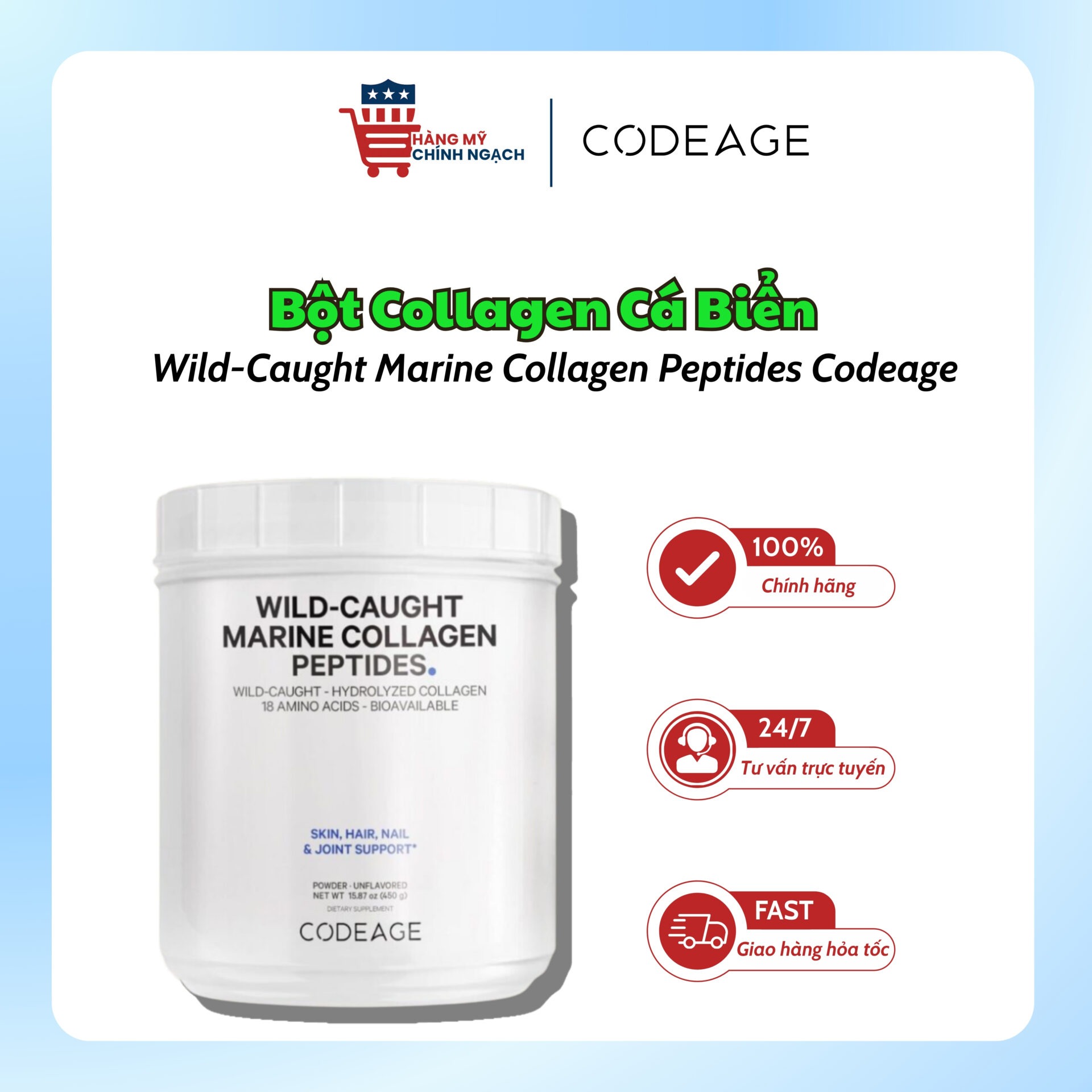 Bột Collagen Cá Biển Codeage Wild-Caught Marine Collagen Peptides (450g)