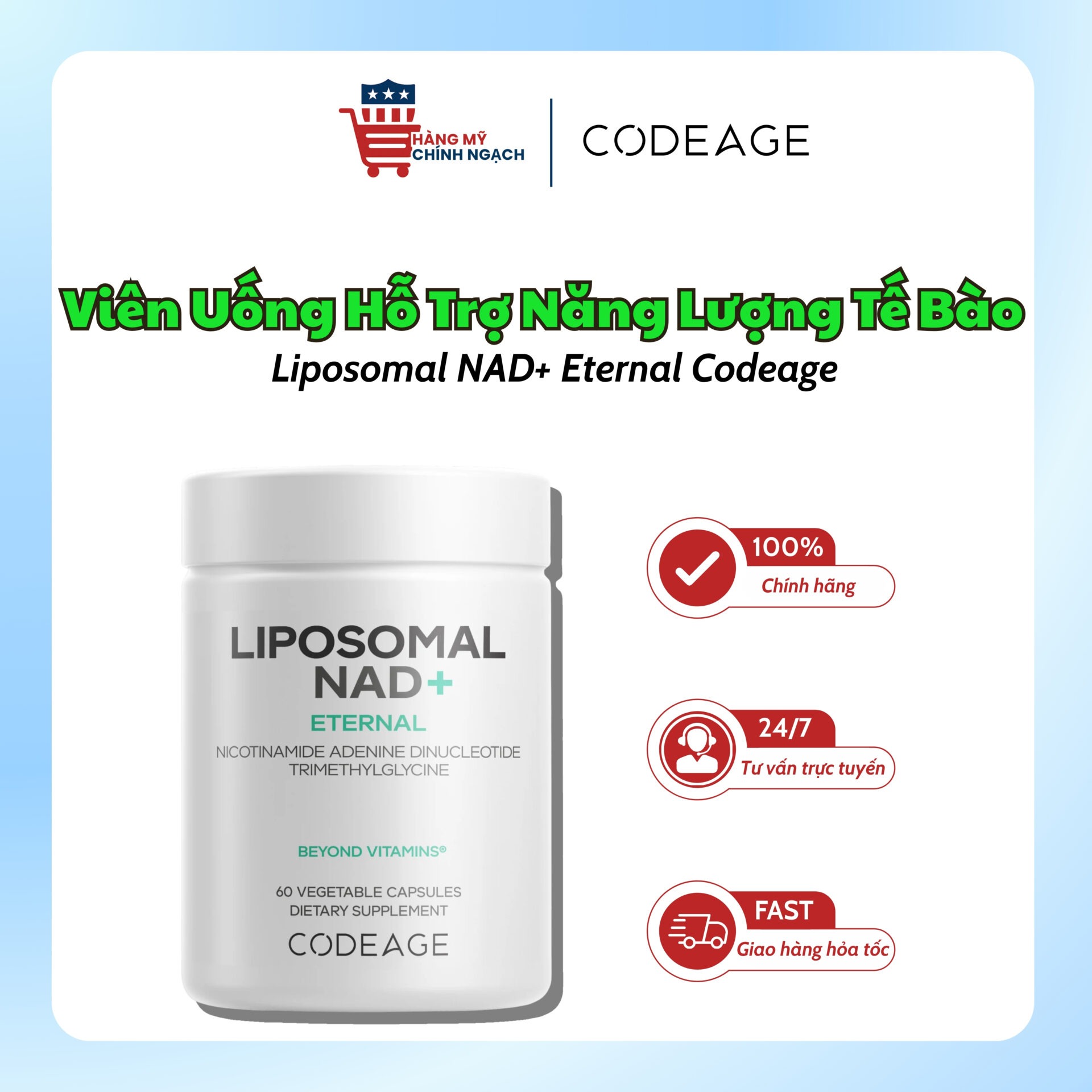 Viên Uống Hỗ Trợ Năng Lượng Tế Bào Codeage Liposomal NAD+ Eternal (60 Viên)