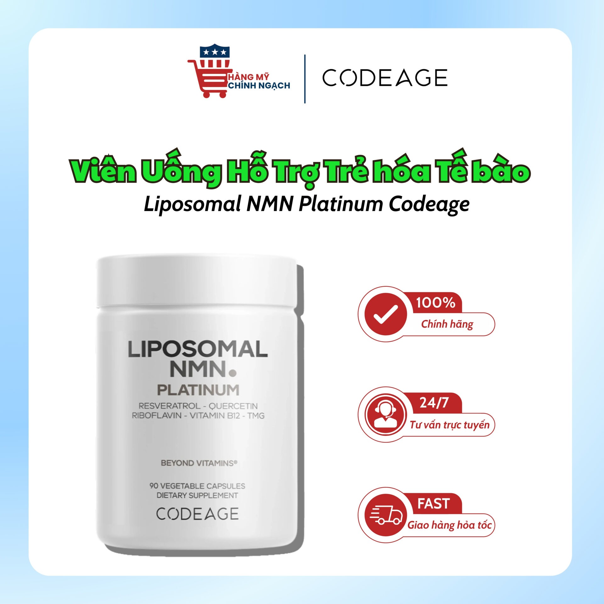 Viên Uống Hỗ Trợ Trẻ Hóa Tế Bào Codeage Liposomal NMN Platinum (90 Viên)