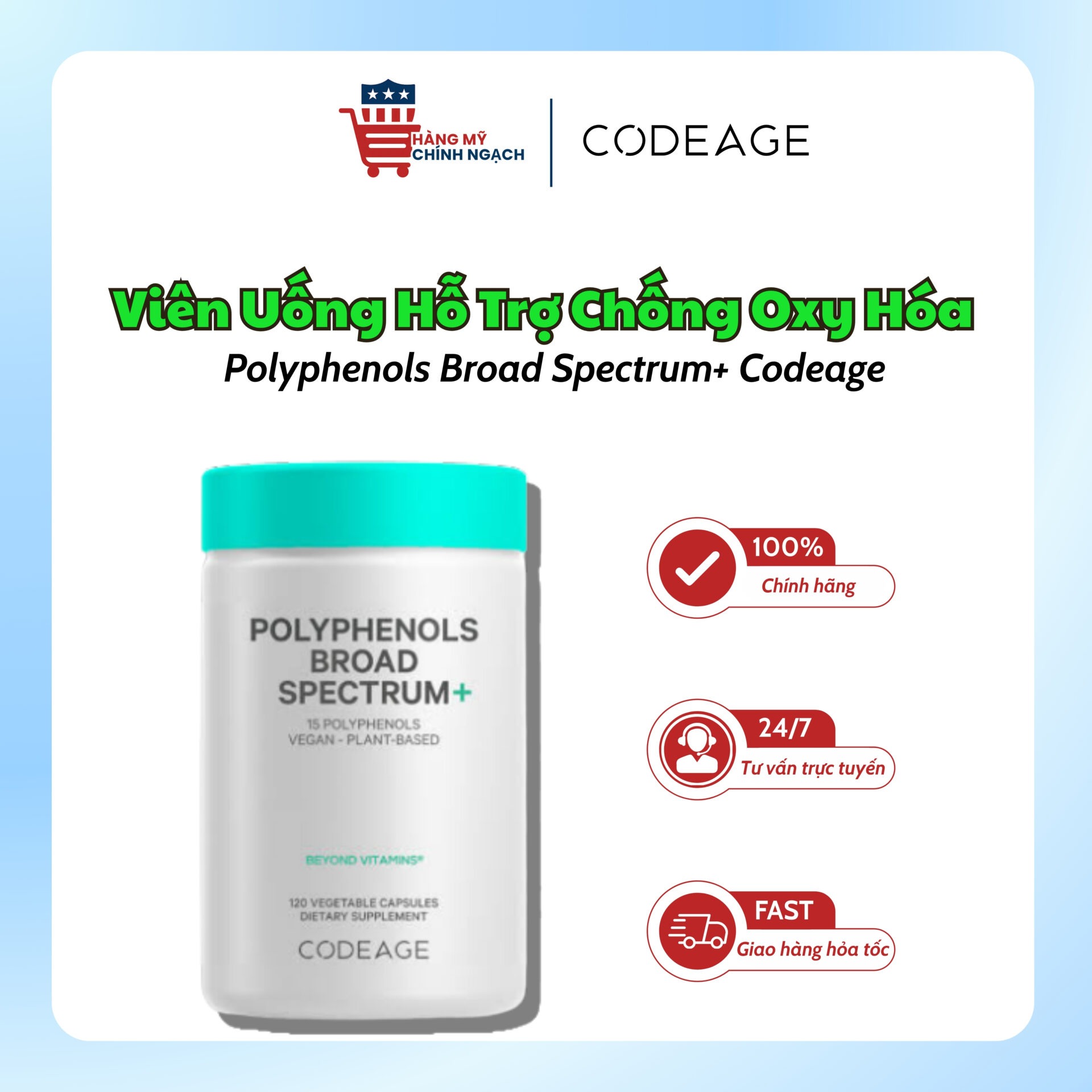 Viên Uống Hỗ Trợ Chống Oxy Hóa Polyphenols Broad Spectrum+ Codeage (120 Viên)