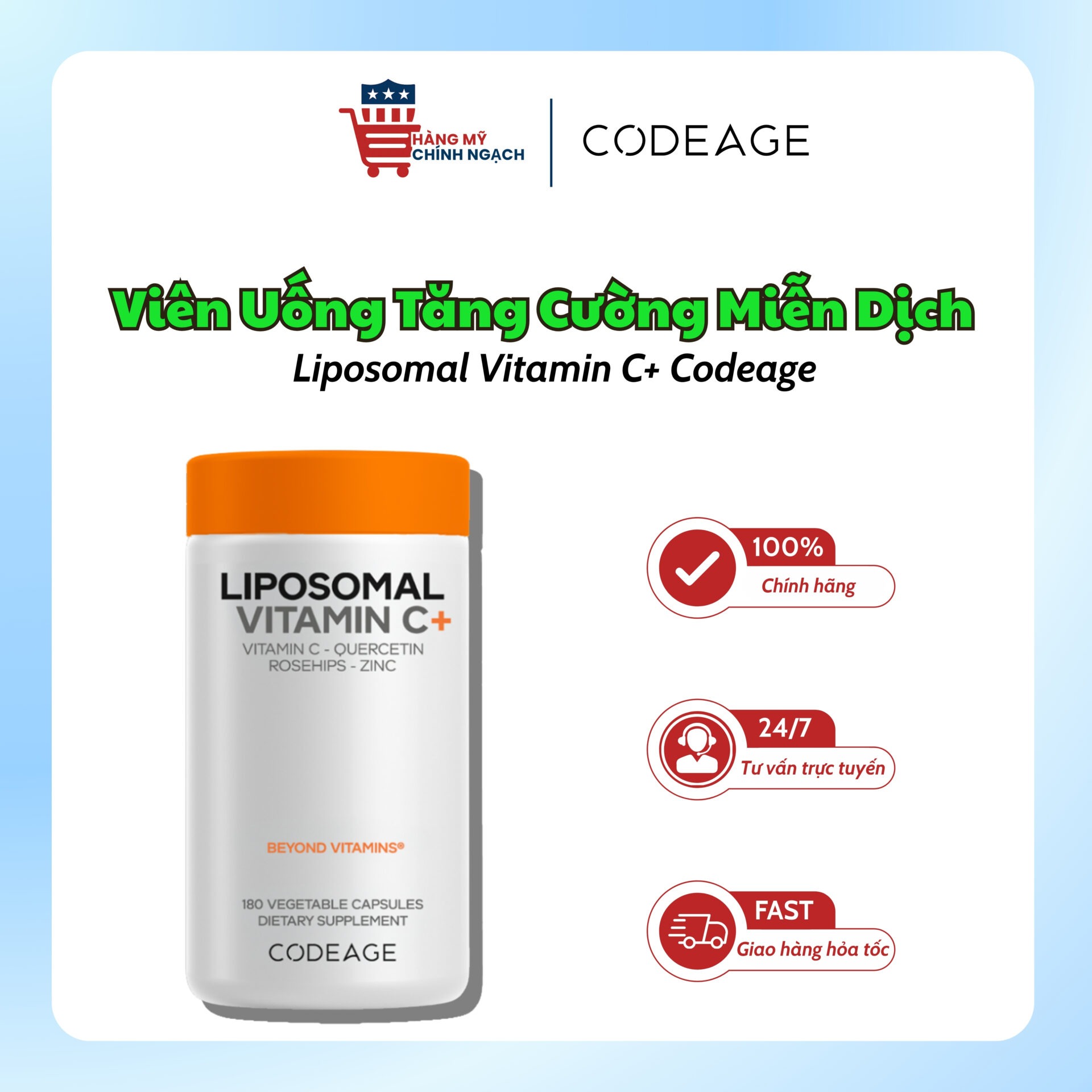 Viên Uống Hỗ Trợ Tăng Cường Miễn Dịch Liposomal Vitamin C+ Codeage (180 Viên)