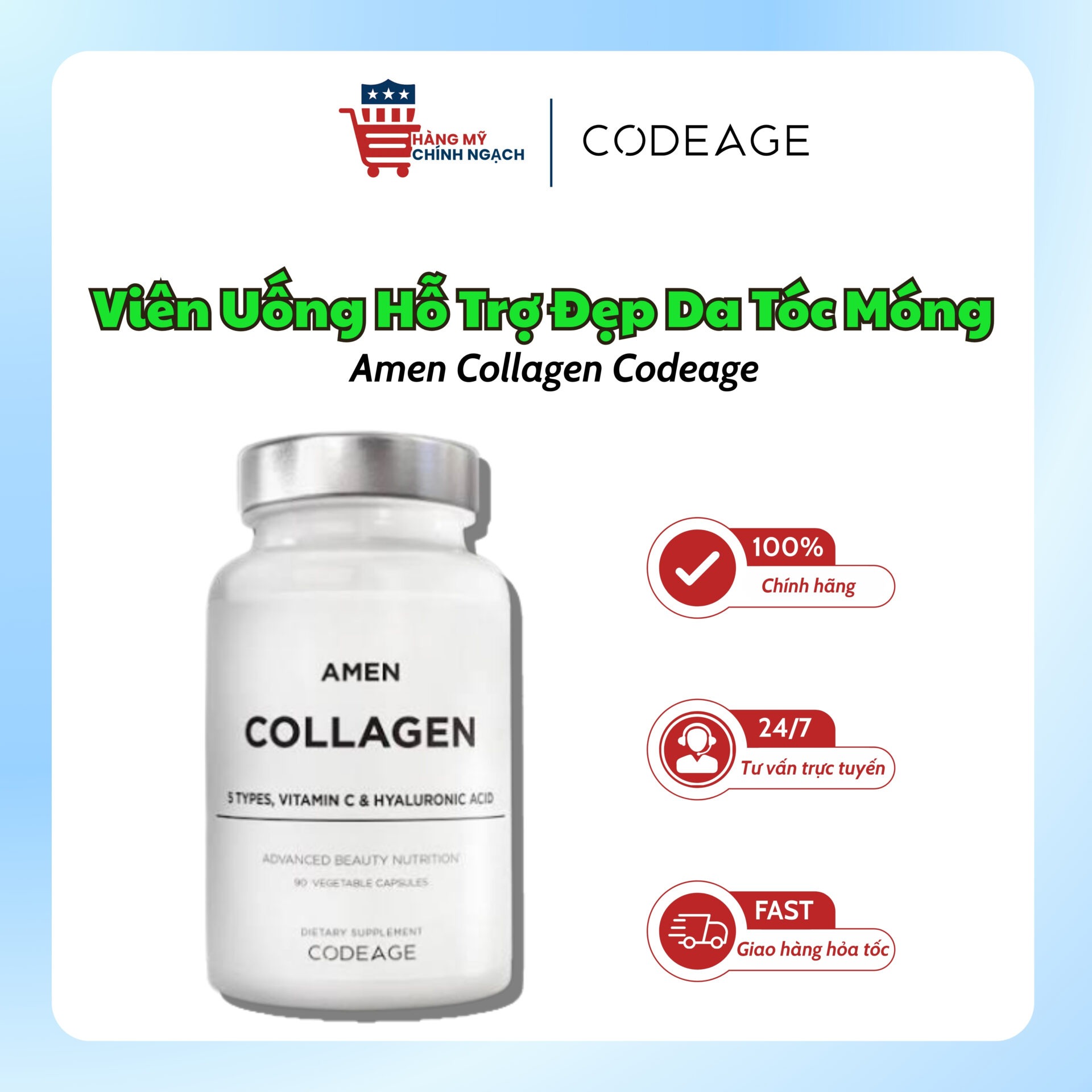 Viên Uống Hỗ Trợ Đẹp Da Tóc Móng Khỏe Mạnh Amen Collagen Codeage (90 Viên)