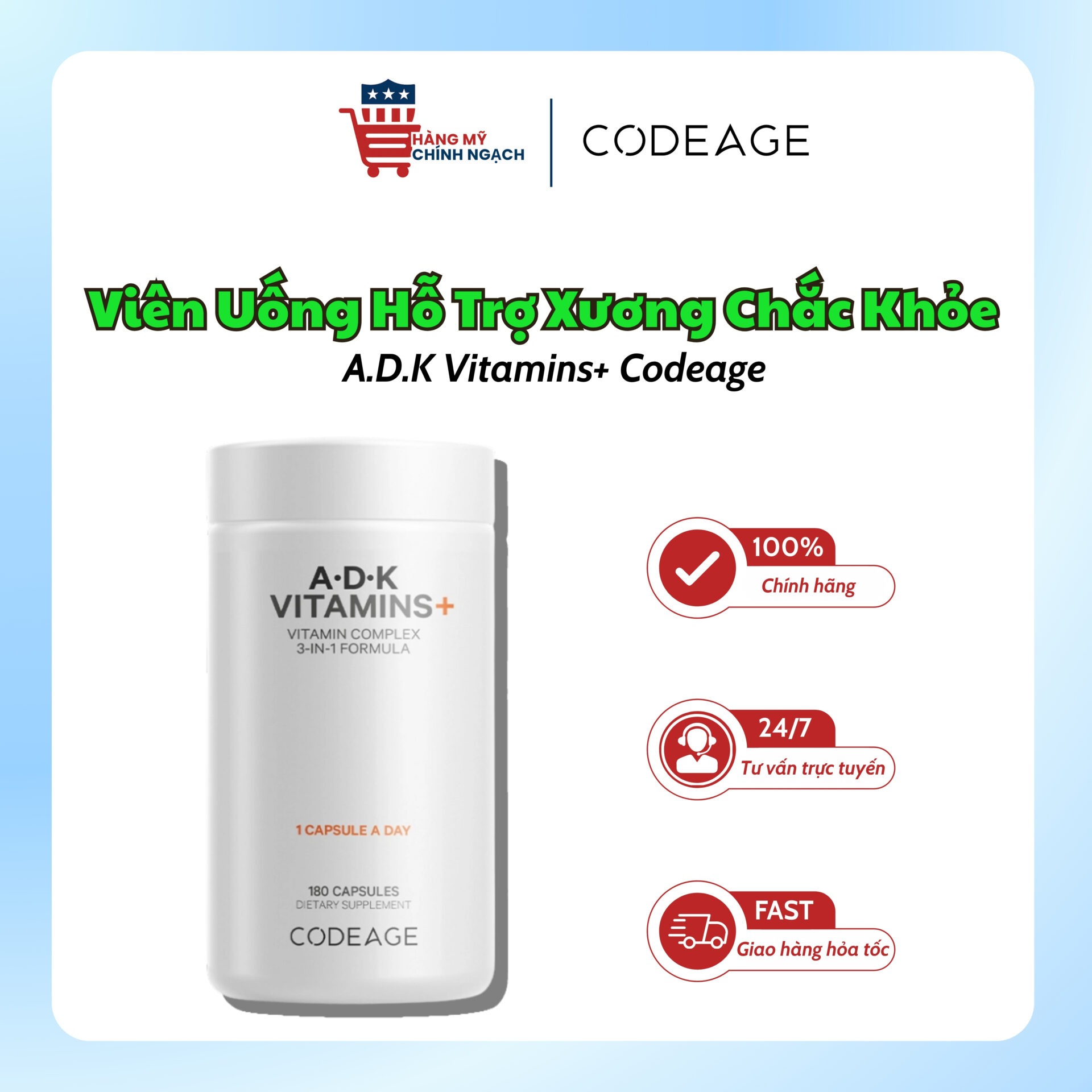 Viên Uống Hỗ Trợ Xương Chắc Khỏe & Tăng Hấp Thu Canxi A.D.K Vitamins+ Codeage (180 Viên)