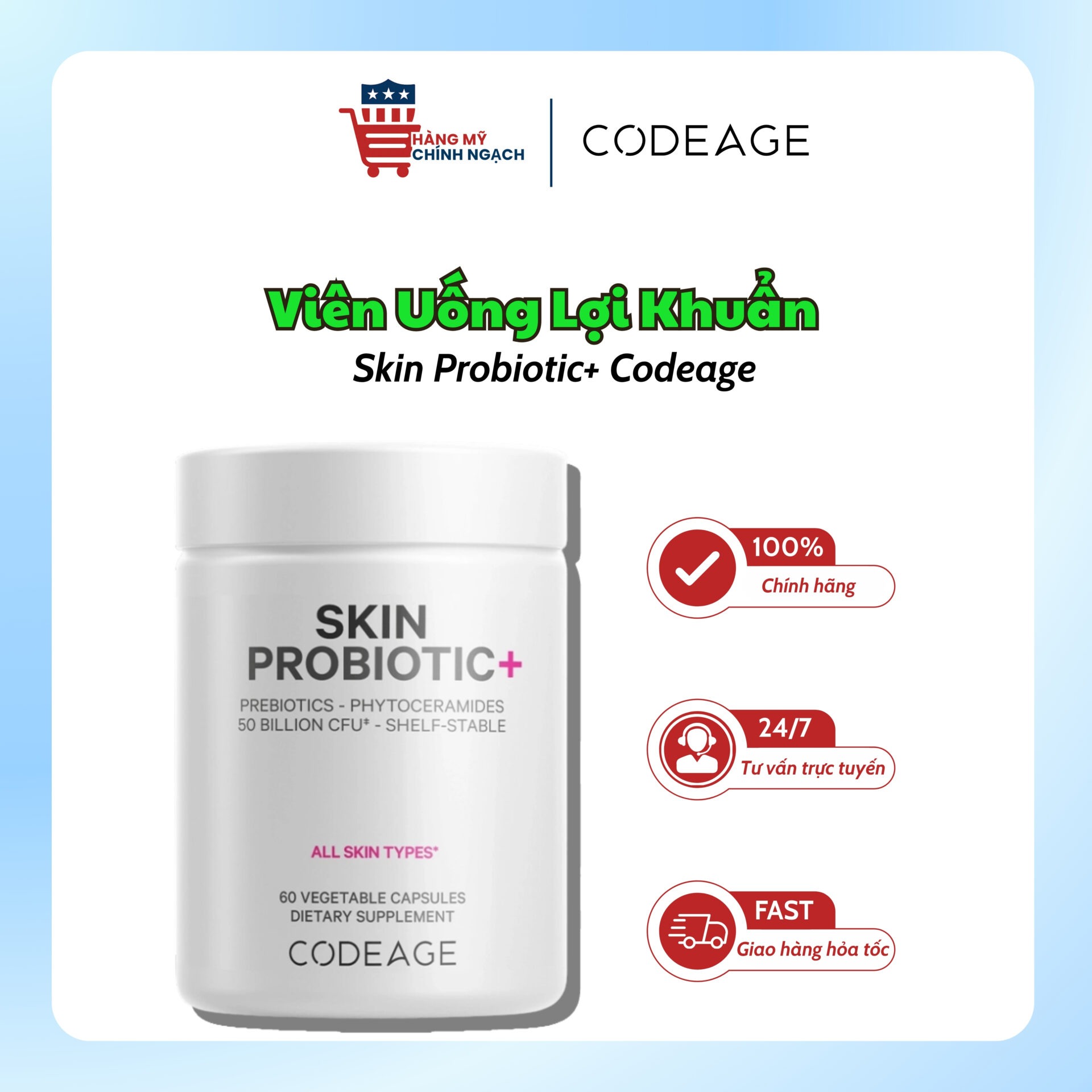 Viên Uống Lợi Khuẩn Hỗ Trợ Đẹp Da Skin Probiotic+ 50 Billion CFU Codeage (60 Viên)