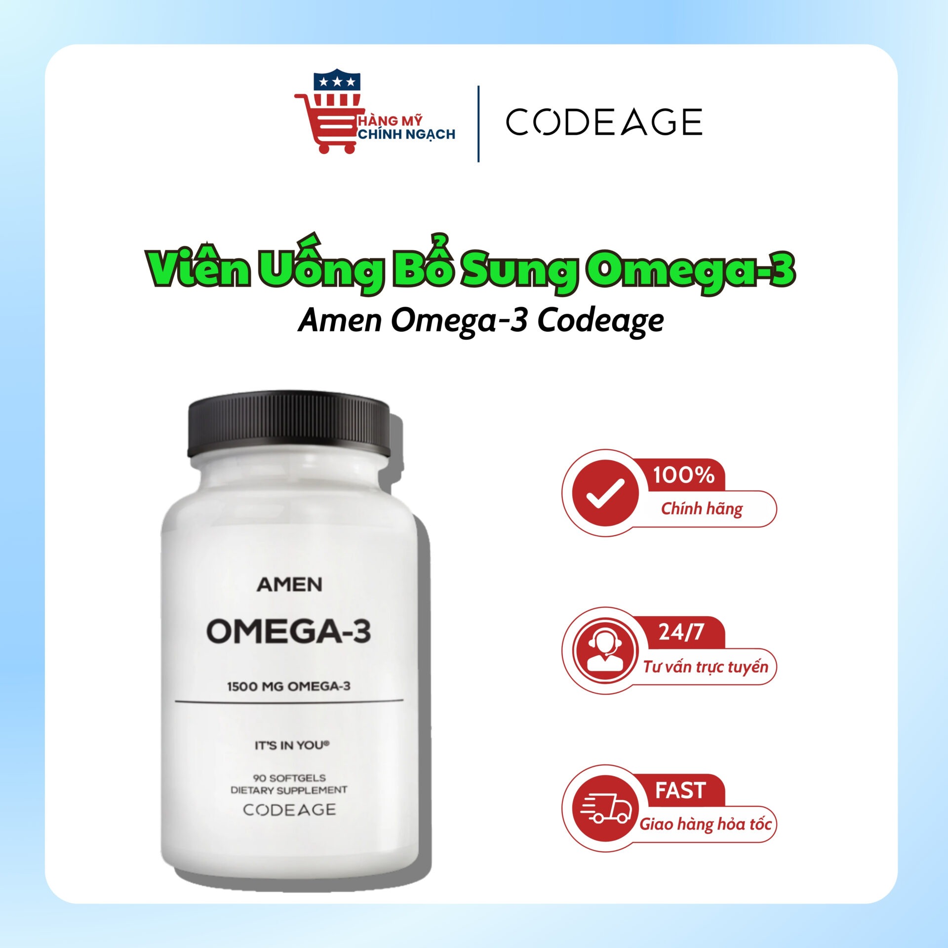 Viên Uống Bổ Sung Omega-3 Hỗ Trợ Tim Mạch & Não Bộ Amen Omega-3 1500mg Codeage (90 Viên)