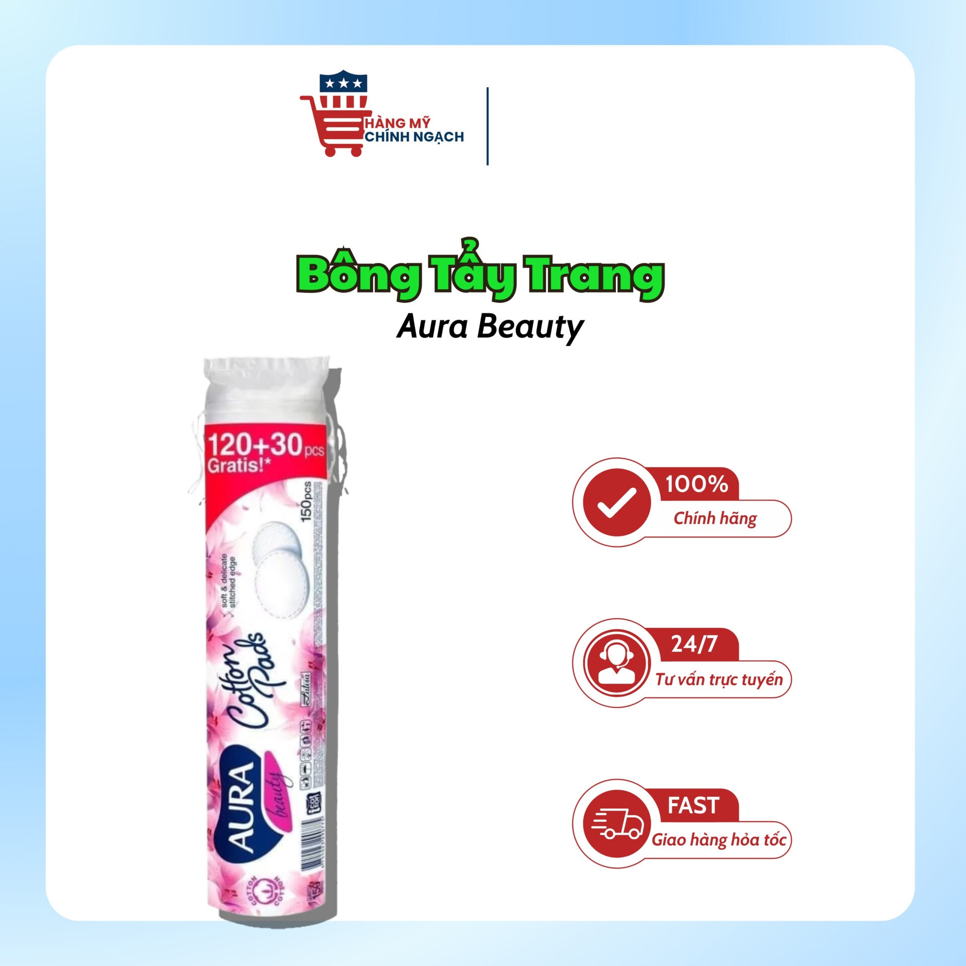 Bông Tẩy Trang AURA Beauty Cotton Pads (150 Miếng)