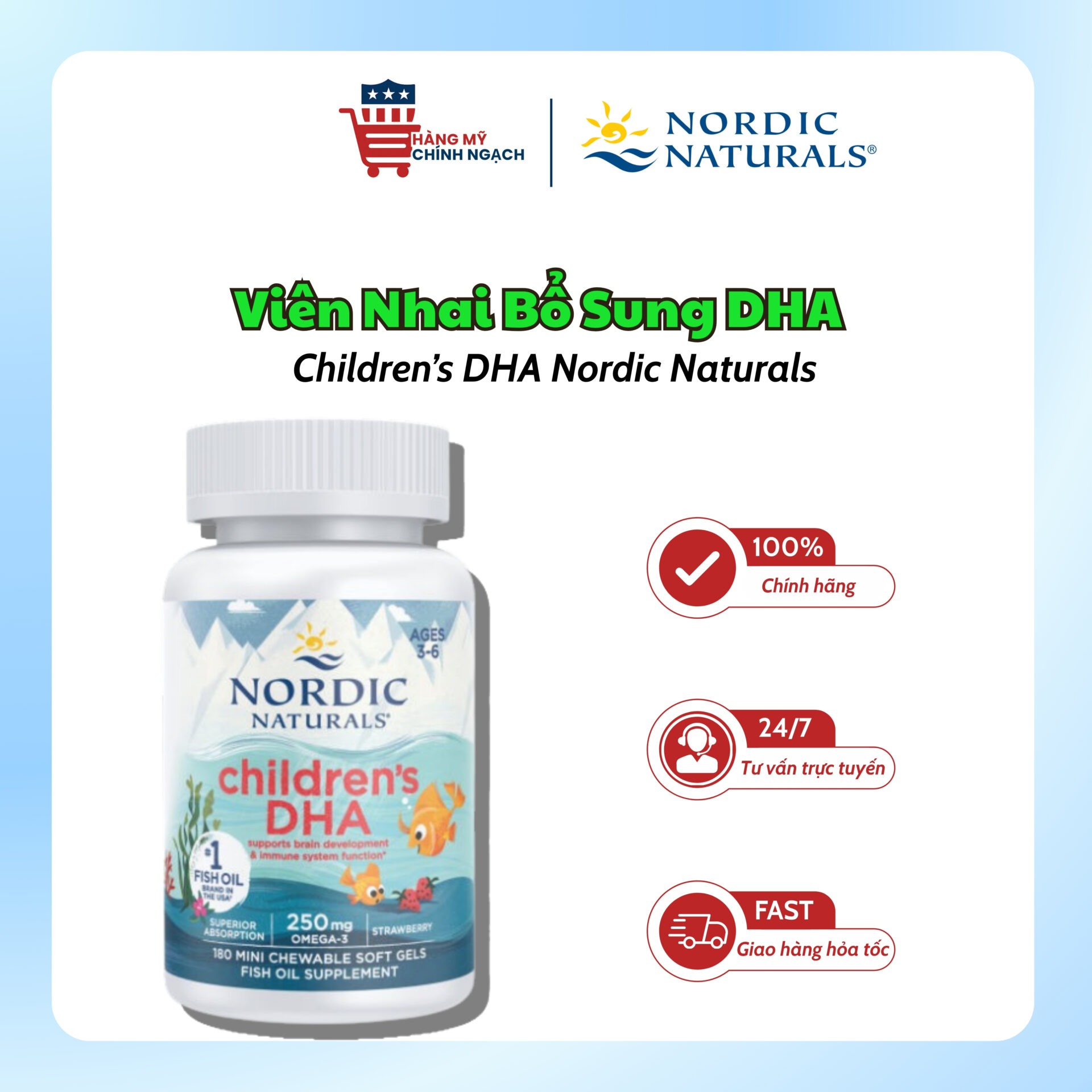 Viên Nhai Bổ Sung DHA Children's DHA 250mg Nordic Naturals (180 Viên)