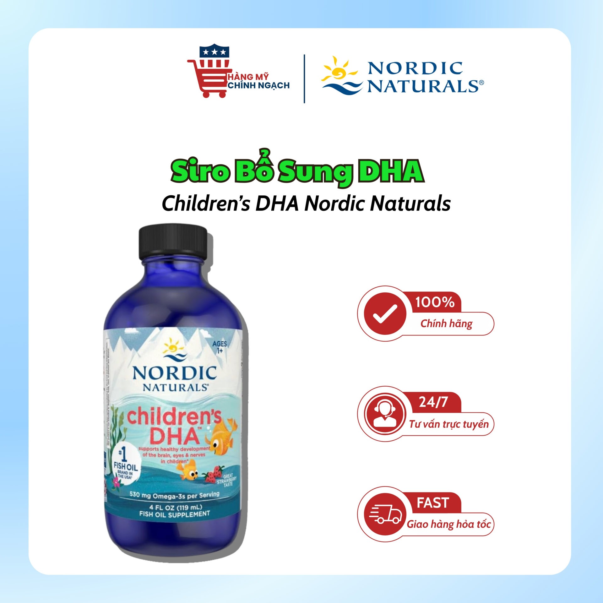 Siro Bổ Sung Omega-3 Vị Dâu Children's DHA 530mg Nordic Naturals (237ml)