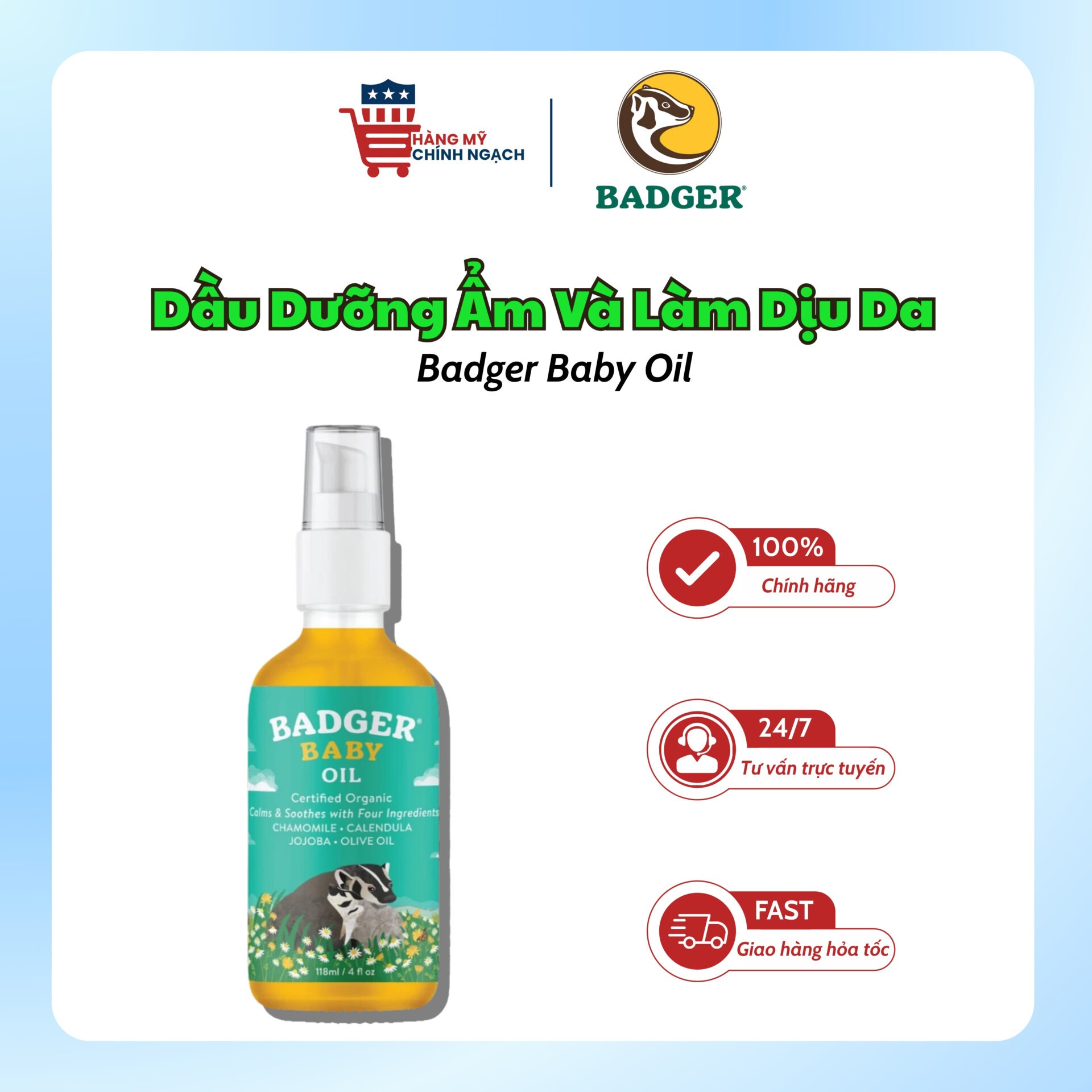 Dầu Dưỡng Ẩm Và Làm Dịu Da Cho Bé Badger Baby Oil (118ml)
