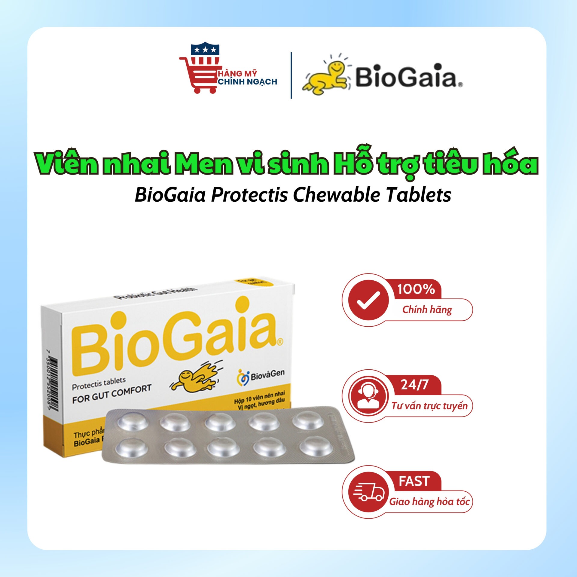 Viên Nhai Men Vi Sinh Hỗ Trợ Tiêu Hóa BioGaia Protectis Chewable Tablets (10 Viên)