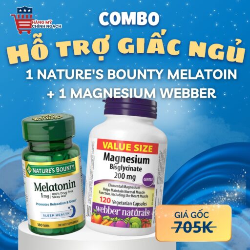 Combo Ngủ Ngon Toàn diện - Melatonin 5mg Nature’s Bounty & Magnesium Bisglycinate Webber Naturals