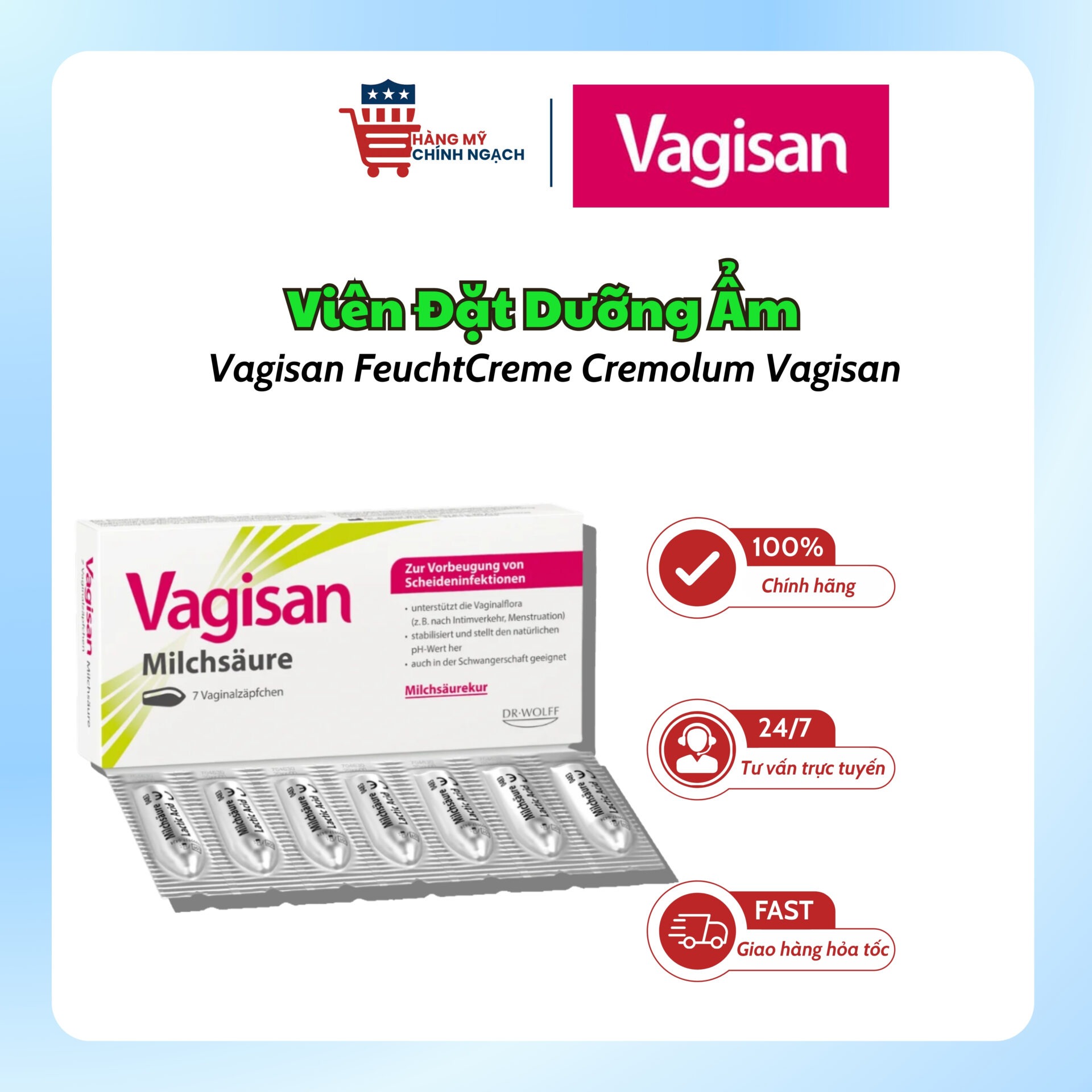 Viên Đặt Dưỡng Ẩm Vagisan FeuchtCreme Cremolum – Giảm Khô Hạn Không Hormone