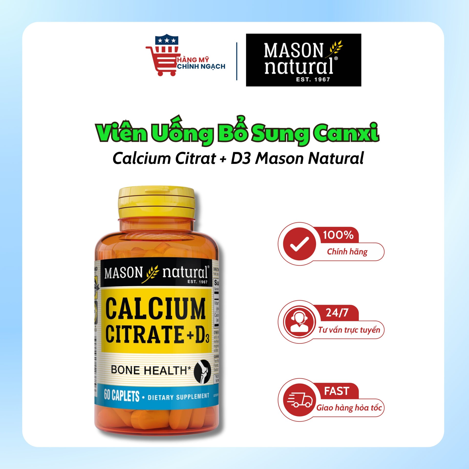 Viên Uống Hỗ Trợ Xương Chắc Khỏe Calcium Citrate + D3 Mason Natural (60 Viên)