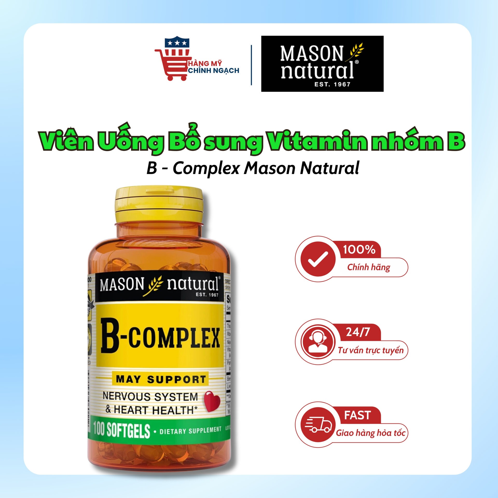 Viên Uống Bổ Sung Vitamin B-Complex Mason Natural (100 Viên)