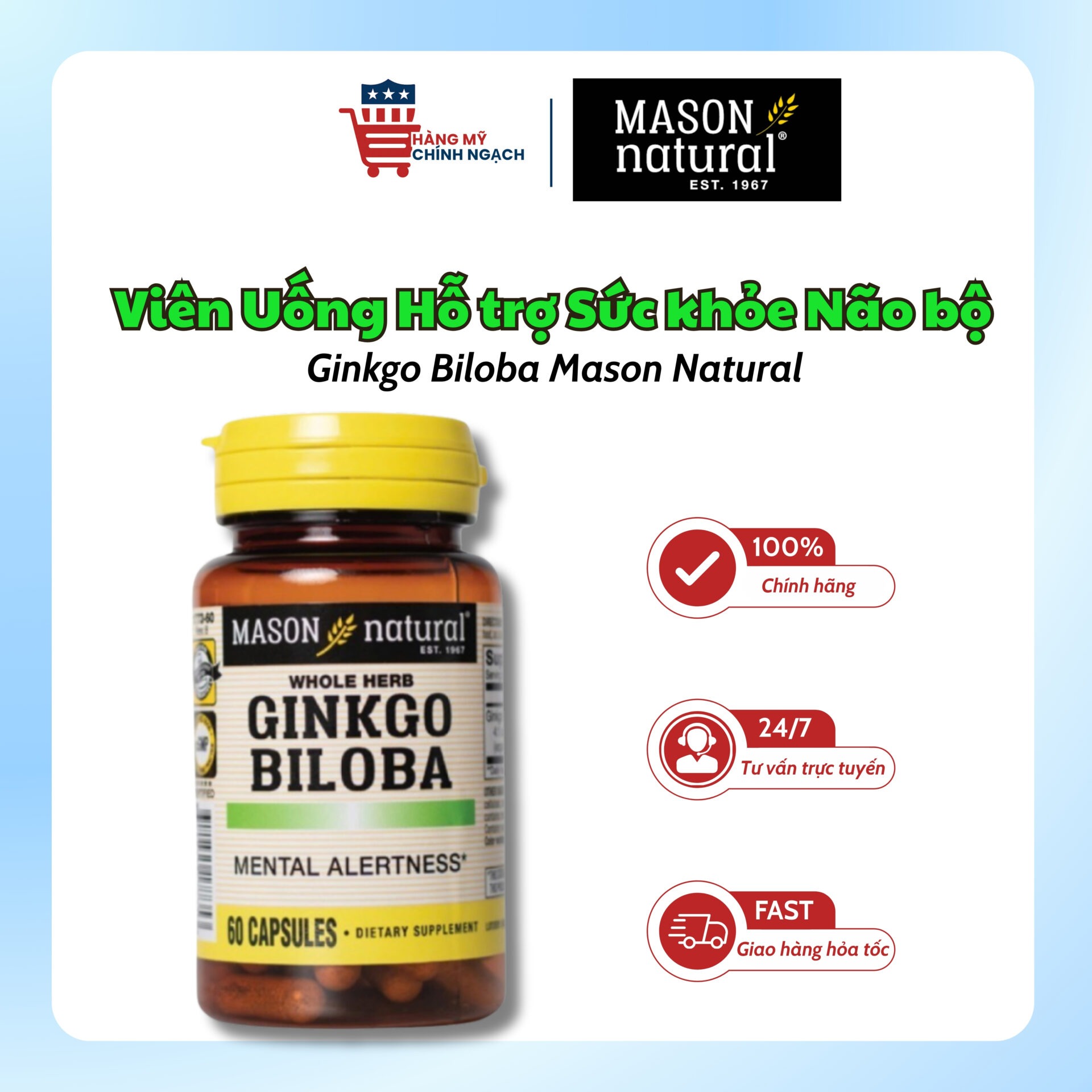 Viên Uống Hỗ Trợ Tuần Hoàn Máu Não Ginkgo Biloba 125mg Mason Natural (60 Viên)