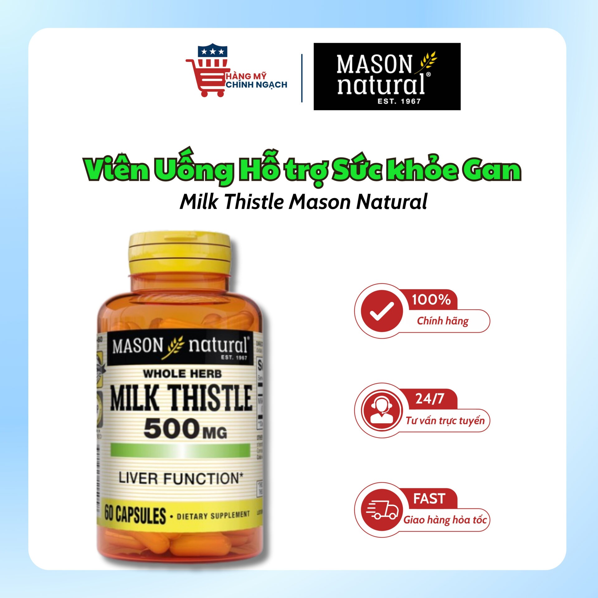 Viên Uống Hỗ Trợ Giải Độc Gan Milk Thistle Mason Natural (60 Viên)