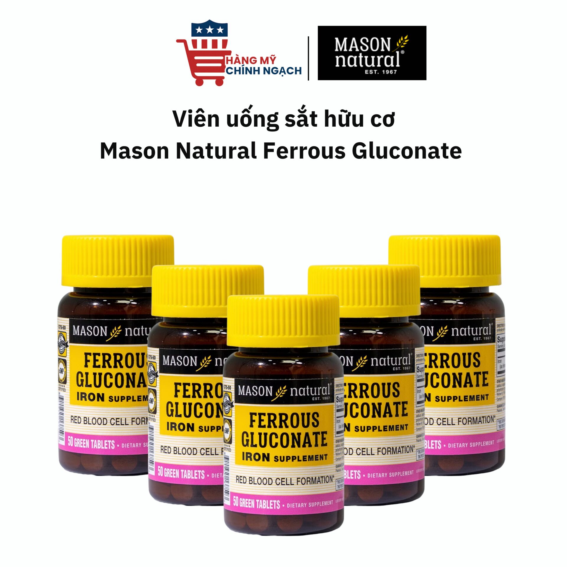 Mason Natural Ferrous Gluconate – Hỗ Trợ Bổ Sung Sắt & Giảm Nguy Cơ Thiếu Máu Do Thiếu Sắt